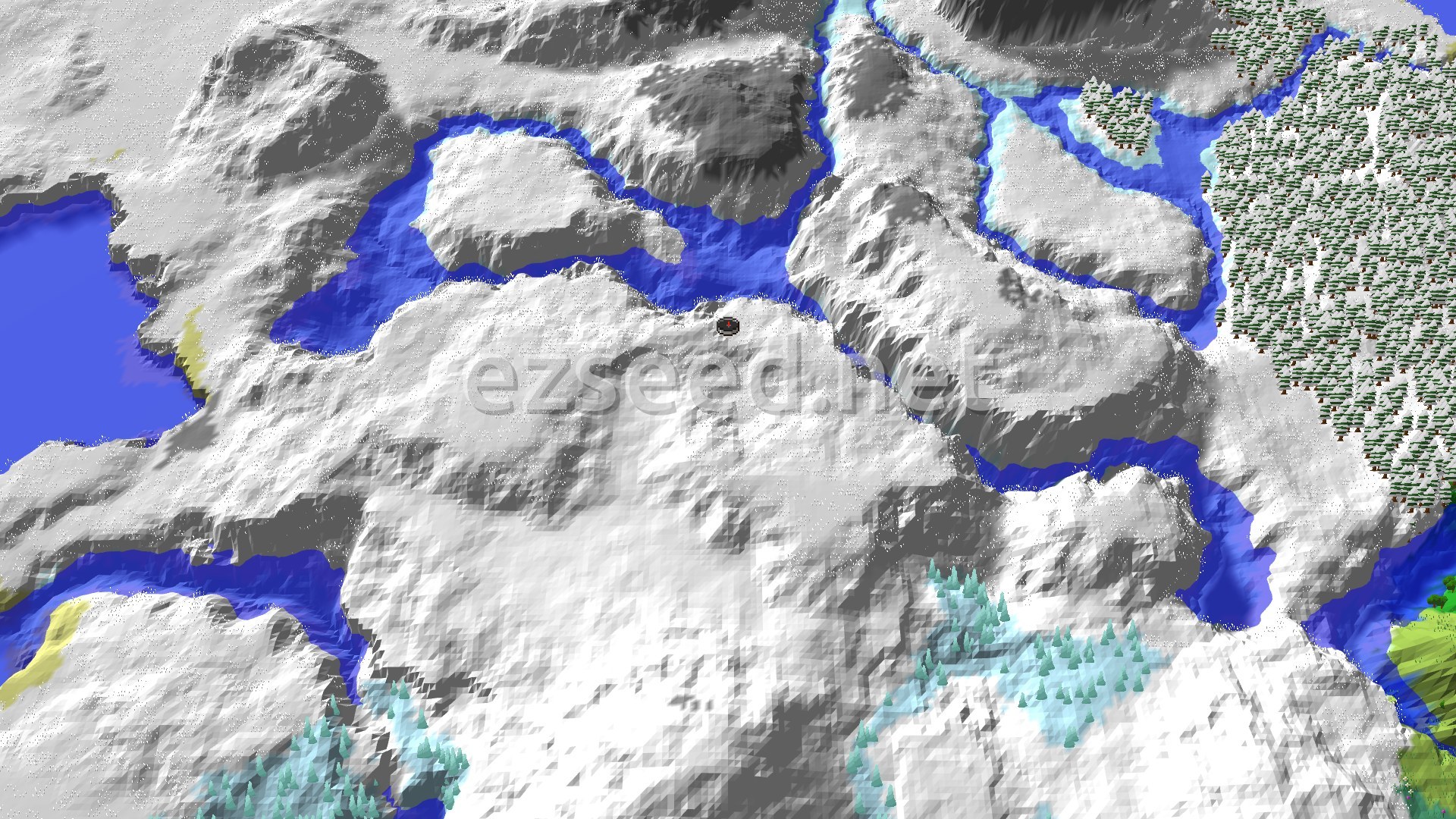 A 3D fly-over of snowy plains cut by frozen rivers, with snow-laden taiga along the right edge and ice-tinged conifers in the lower corners.
