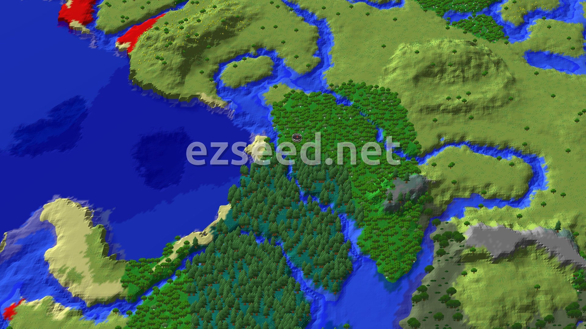 An aerial view of a mostly flat, green landscape covered in trees, with a winding blue river and a large body of water to the west.