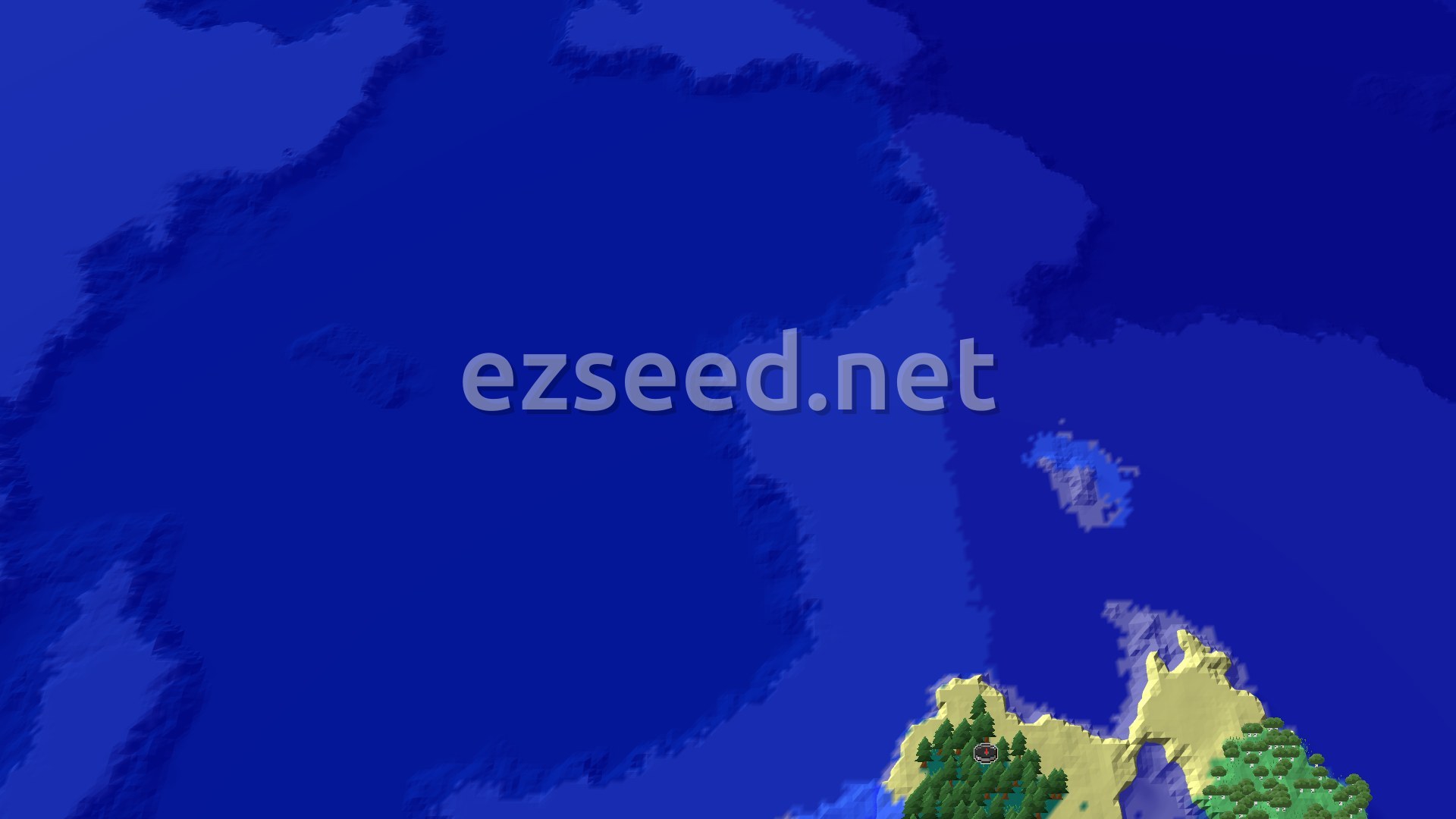 A 3D overhead view of a green and brown island covered in dense taiga trees, surrounded by blue ocean, with a small spawn marker in the center.
