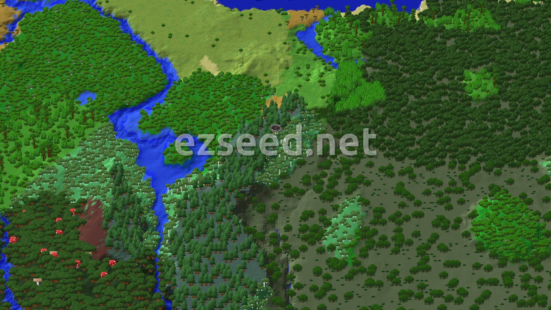 A 3D fly-over of birch and spruce forest beside a winding river, with dark forest canopy to the east, swamp and bamboo patches, and open savanna-colored grassland to the north.