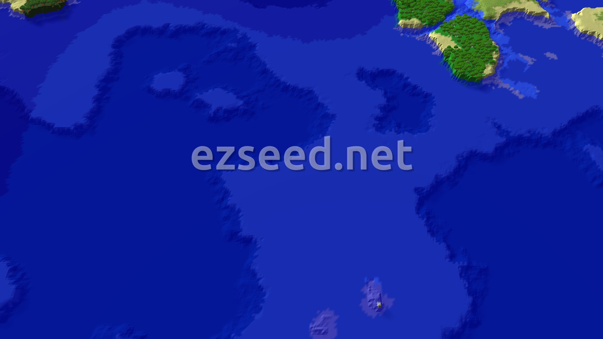 A wide stretch of deep blue ocean with small forested islands and sandy shores along the top edge of the view.
