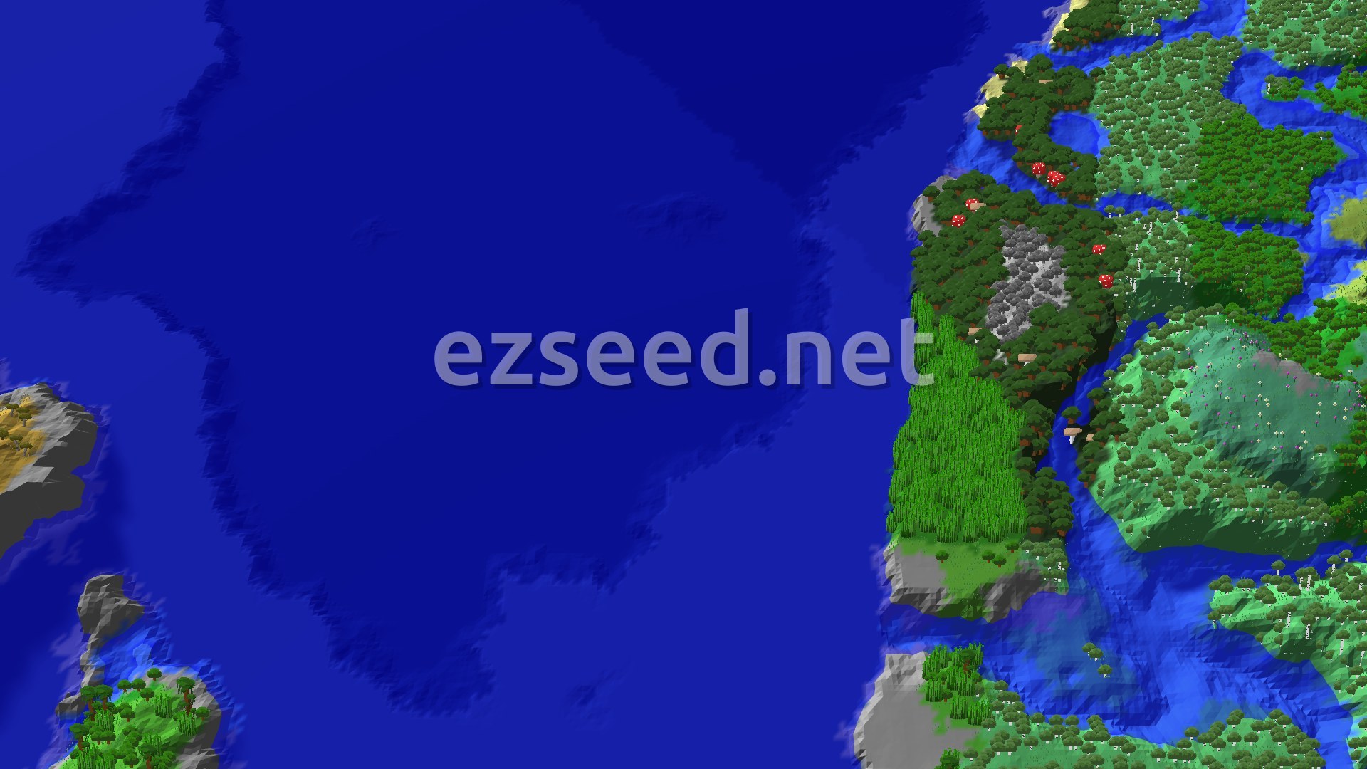 A bird's-eye view of a varied landscape, featuring a large expanse of deep blue ocean, a small, tree-covered island, and a mainland with lush green forests, savanna, and some stony areas.