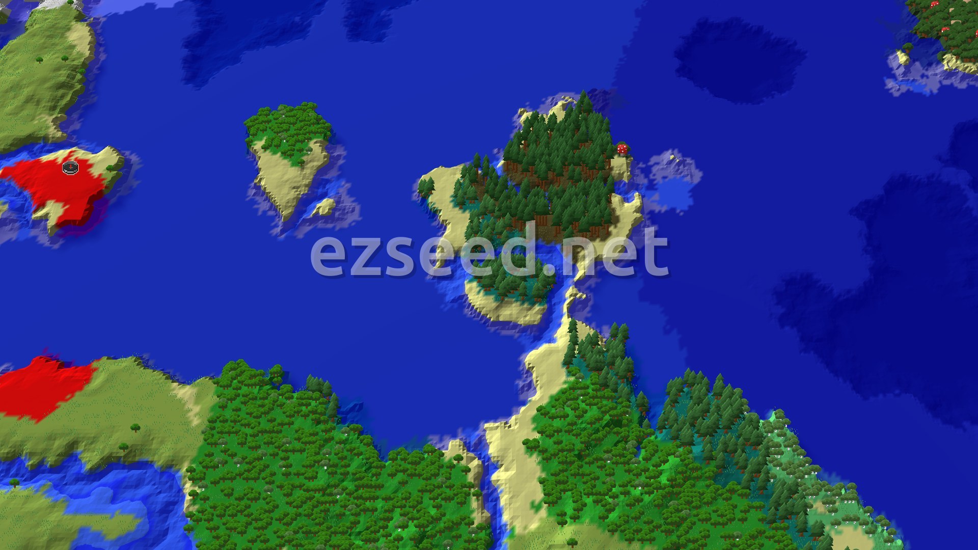 An aerial view of a Dappled Forest island, surrounded by water with other landmasses visible in the distance.
