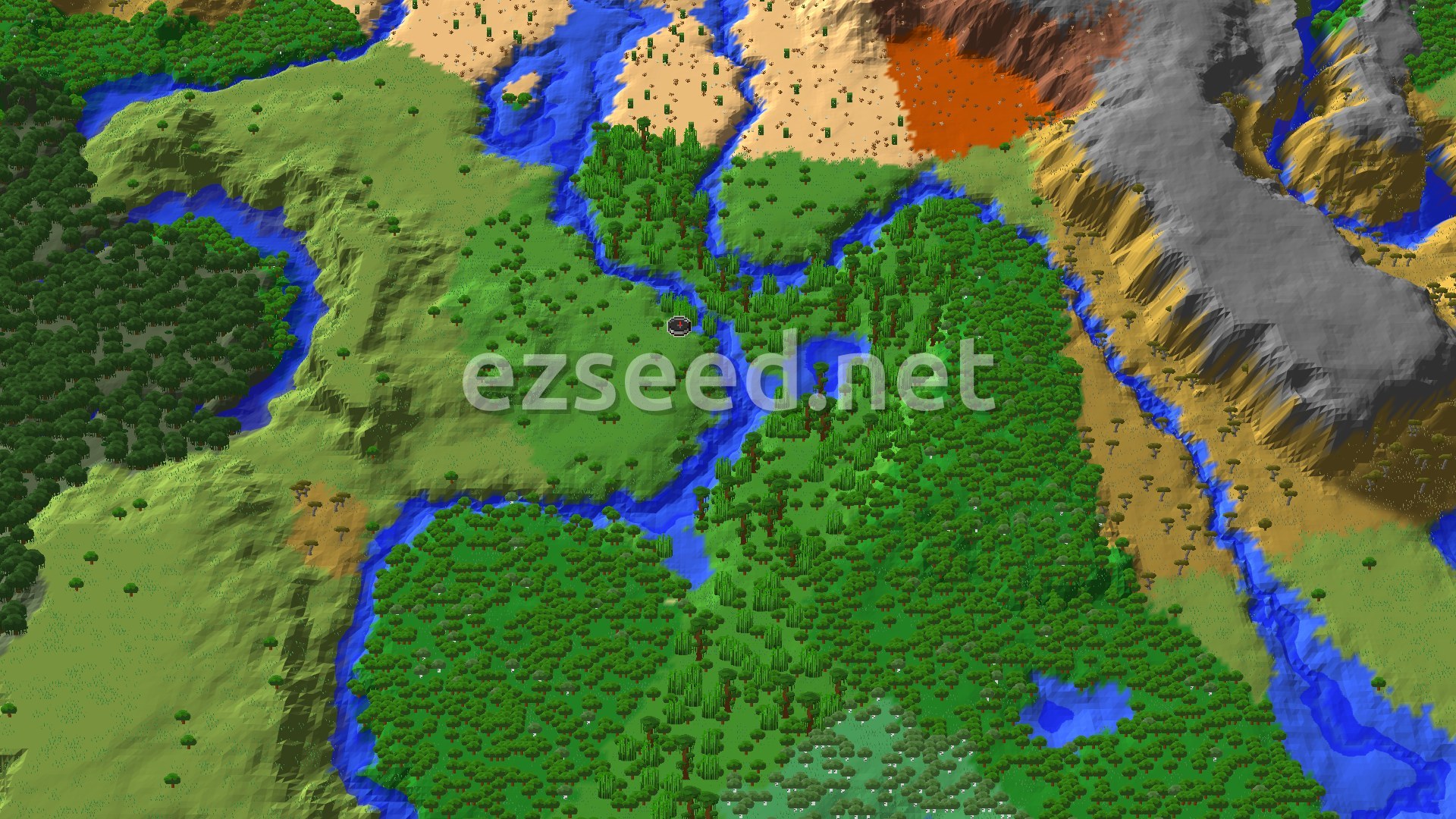 A fly-over of a green clearing at the edge of dense jungle, with winding rivers, a tall bamboo patch to the north, desert dunes and badlands cliffs beyond, and a grey rocky ridge to the northeast.