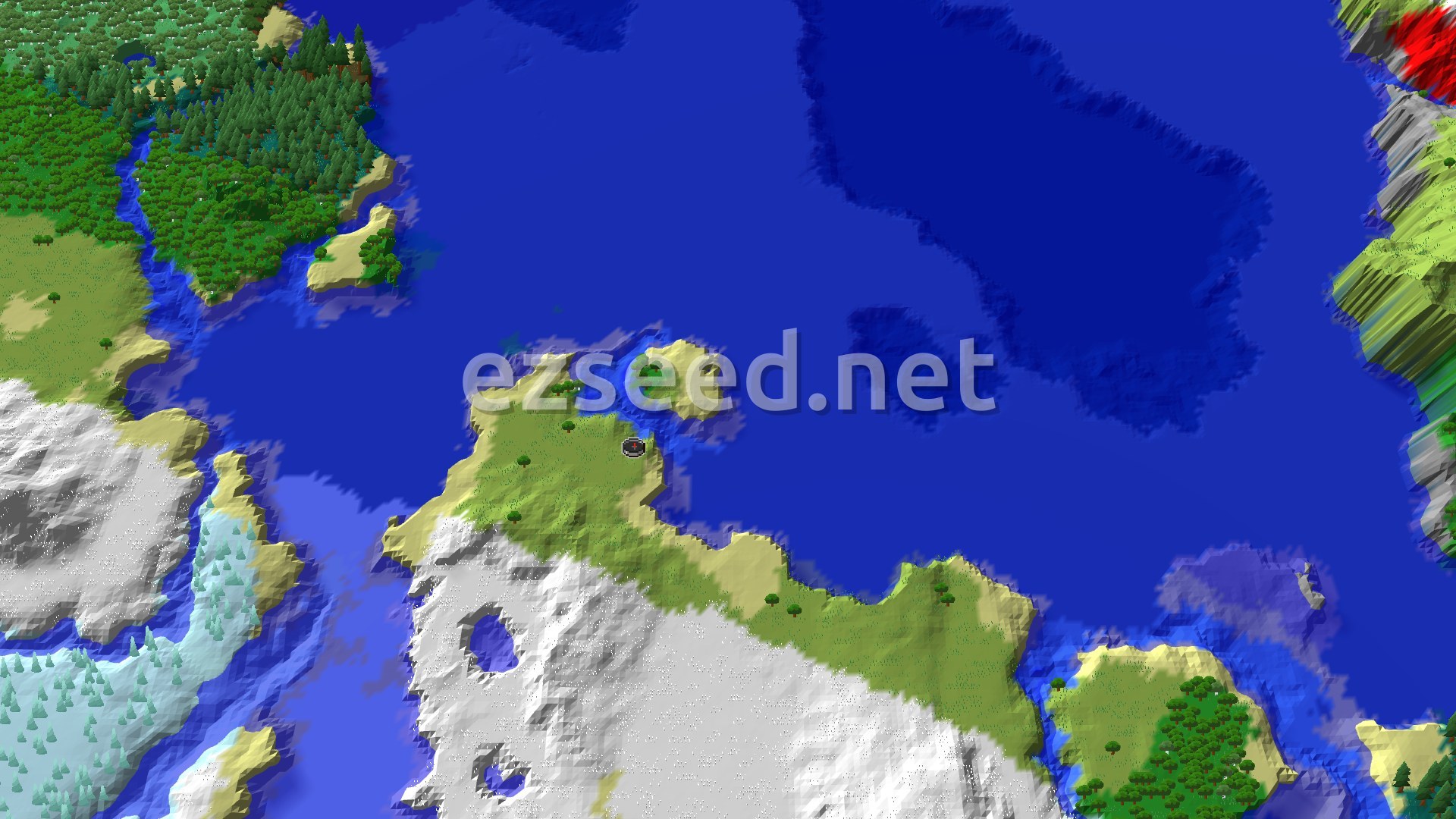 A 3D fly-over shows a large island with green plains and white snowy plains, surrounded by blue ocean. Scattered trees dot the landscape, and a spawn marker is near the center of the island.