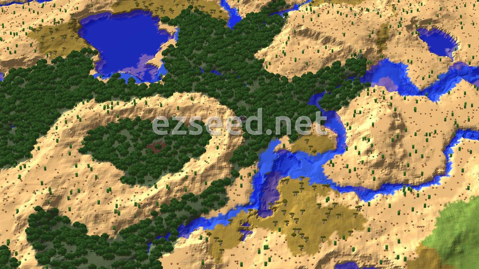 An aerial view shows a dense mangrove swamp with water in the center, surrounded by vast desert terrain with scattered trees and multiple winding rivers.