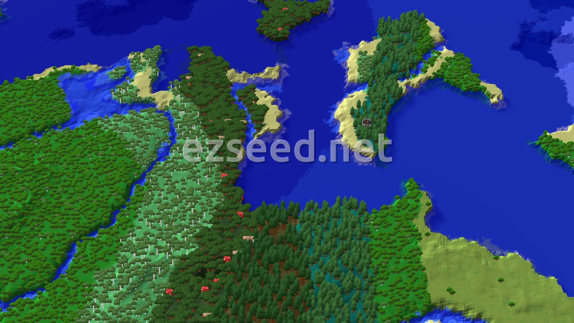A 3D overhead view of a green, tree-covered island surrounded by blue ocean, with smaller islands and distant landmasses visible. A small marker indicates the spawn point.