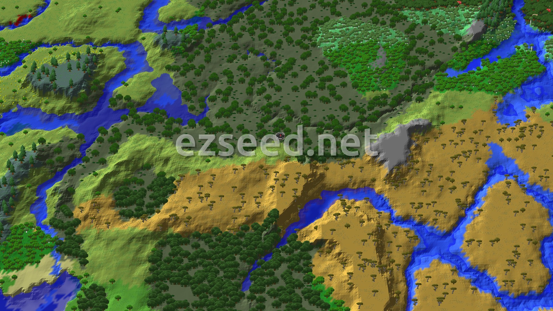 A 3D fly-over of a dark swamp forest at the centre, with a tan savanna ridge to the south, green plains to the west and blue rivers winding between them.