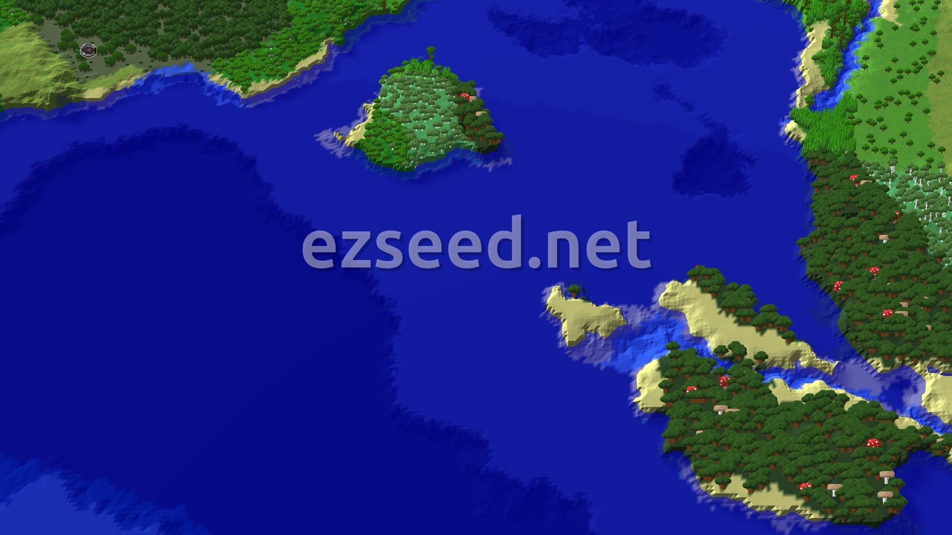 A 3D view of a swampy, forested shoreline in the upper left, with a small green island in open blue ocean and dark forested coastlines to the right.