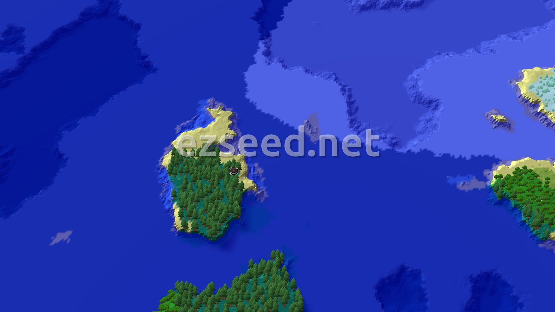 A 3D aerial view of a large, mostly taiga island with a smaller island to the south, both surrounded by vast blue oceans.