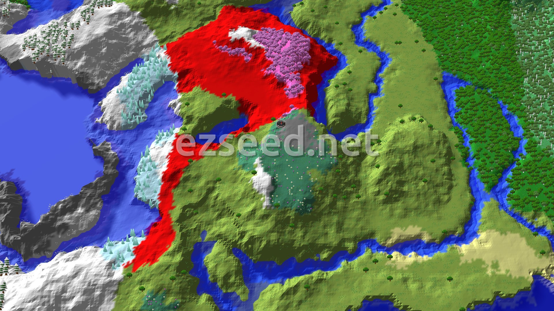 Green hills and a small meadow rise between a snowy shoreline and a pink cherry grove, with a river and dense forest to the east.