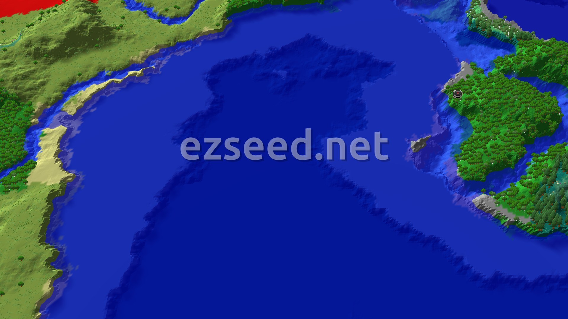 A forested island on the right edge of a wide deep-blue ocean, with a pale beach strip and green hills across the water on the left.