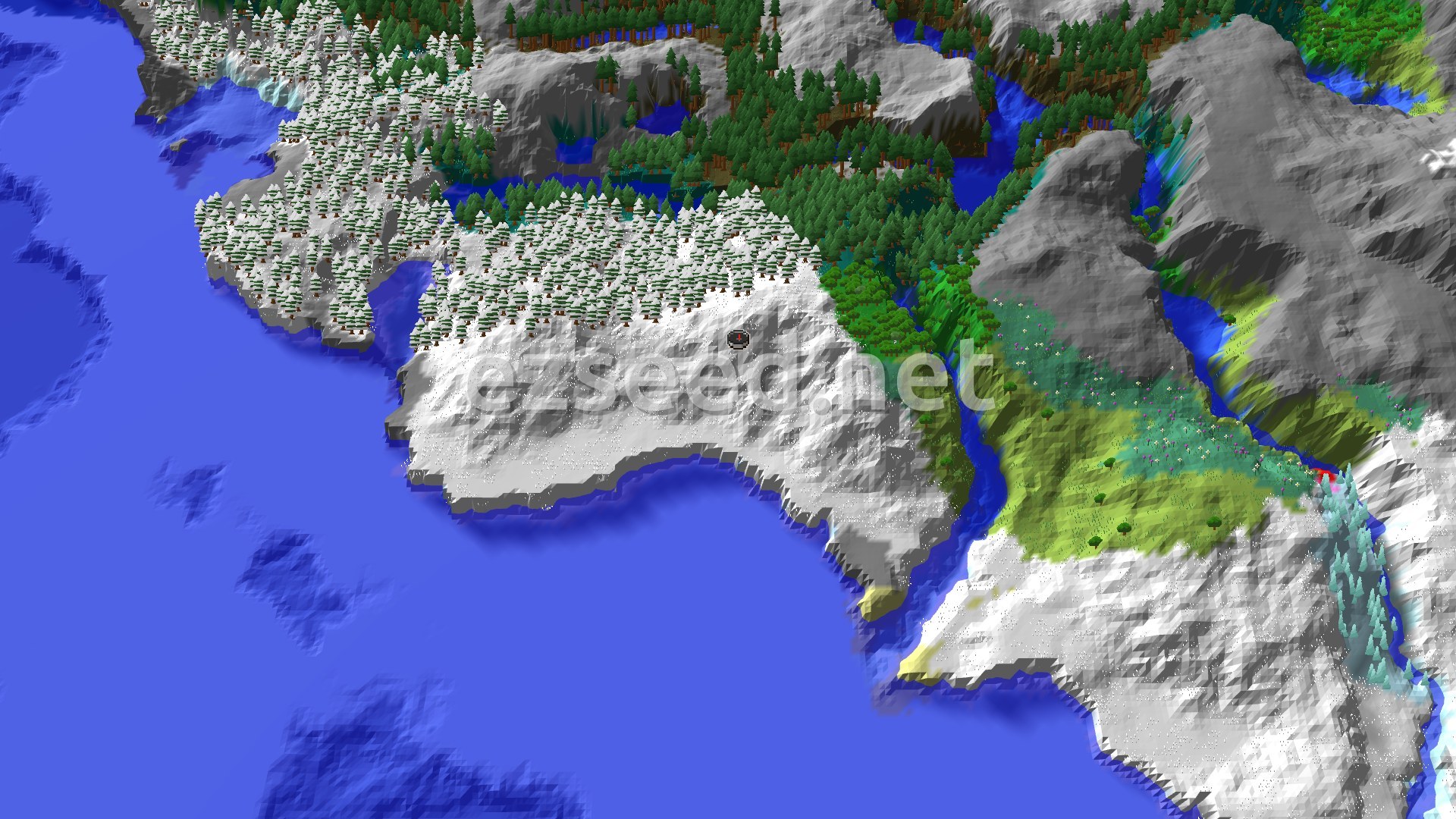 A snow-covered headland juts into deep blue ocean, with snowy spruce forest to the north and green meadow and grey stone ridges to the east.