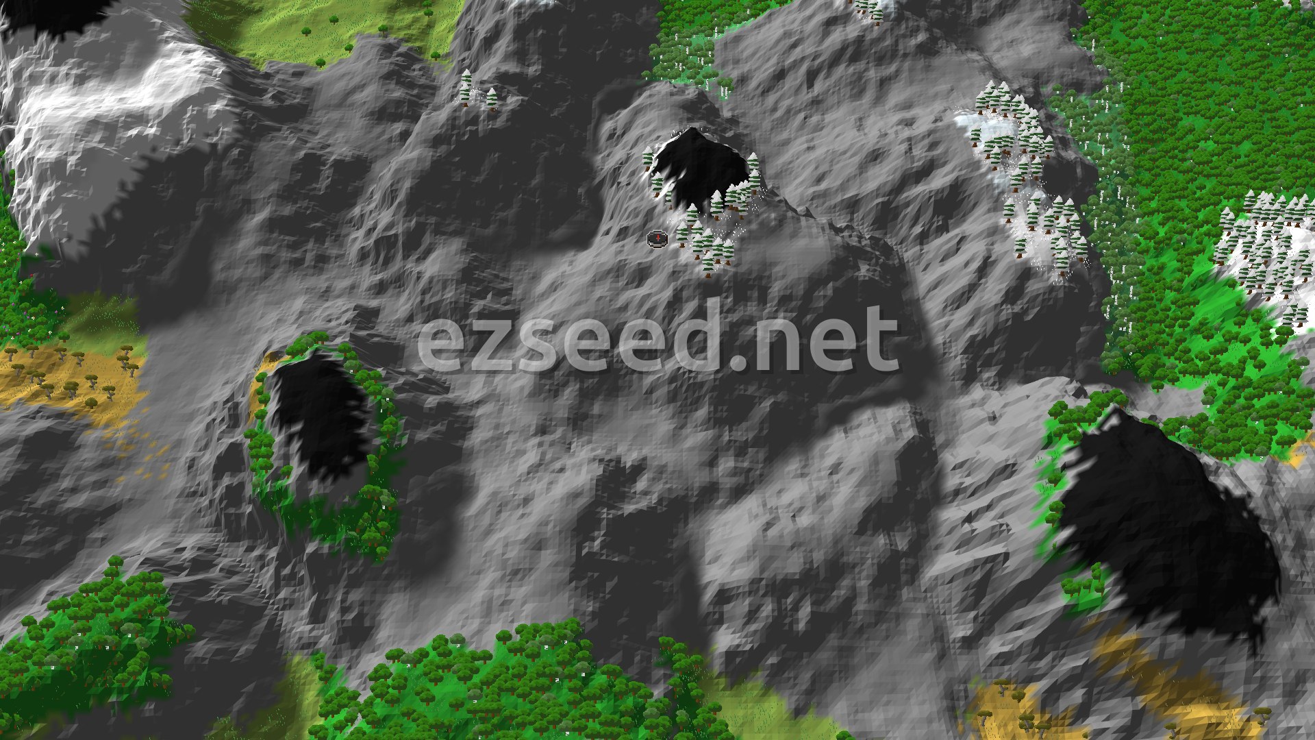 A rugged grey mountainside with bare rock faces, a few snowy spruce clusters and dark hollows, ringed by green forest and patches of dry savanna grass.