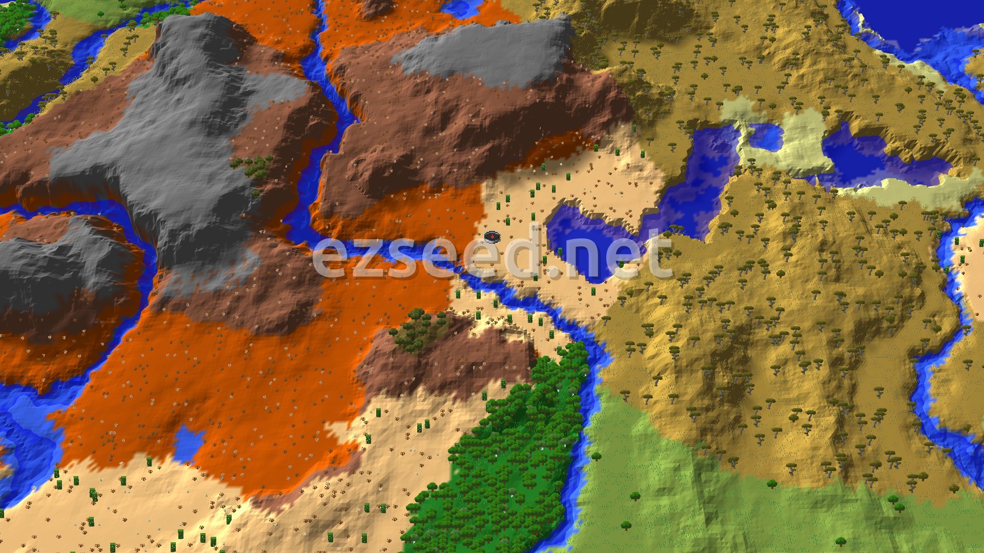 A 3D overhead view of a diverse landscape featuring a central desert with a river, flanked by badlands, wooded badlands, and savanna biomes.