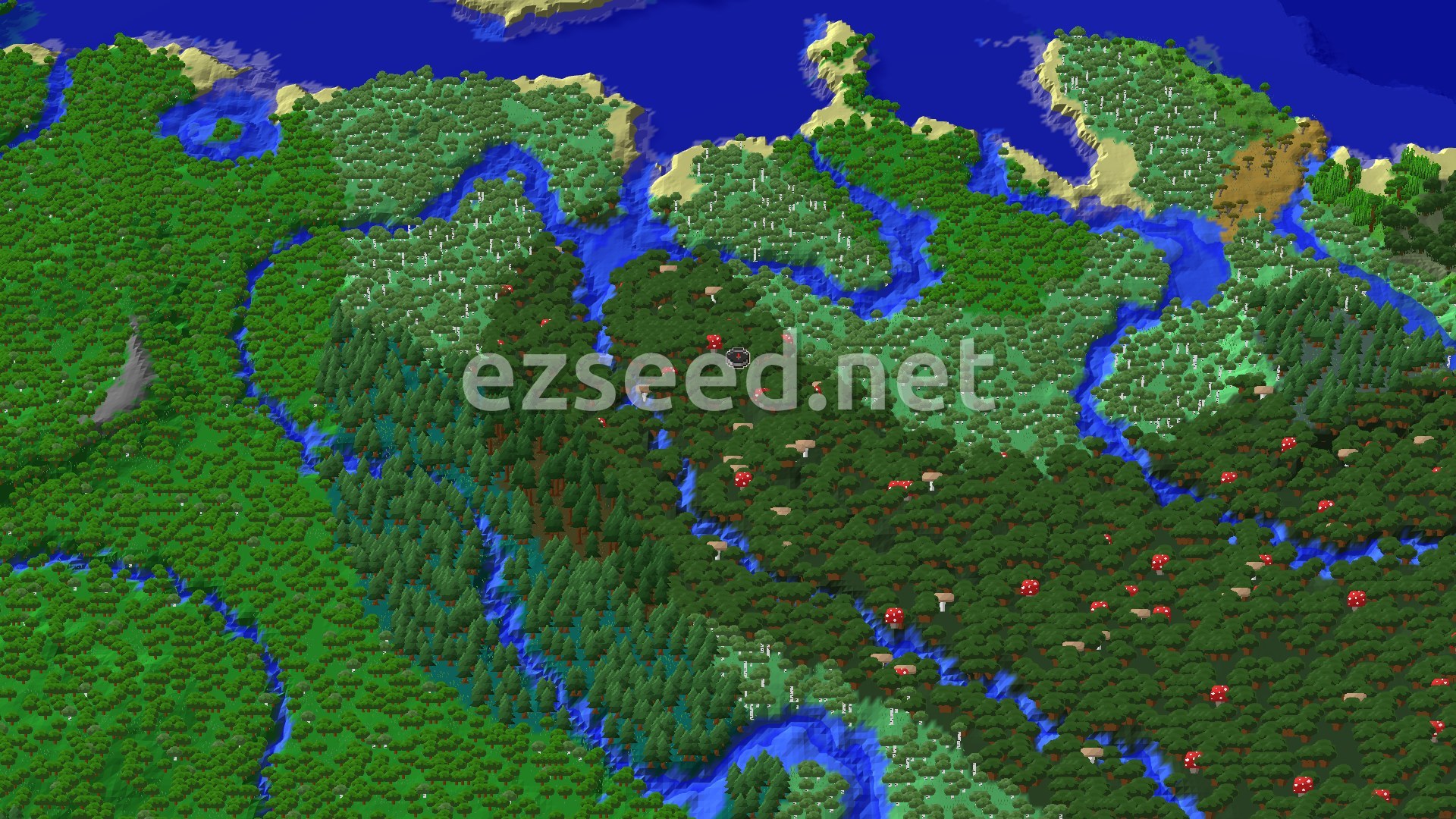 A 3D fly-over of a dark forest dotted with red mushrooms, with pine forest to the south-west, birch woods and winding rivers to the north, and sandy shore and open ocean along the top edge.
