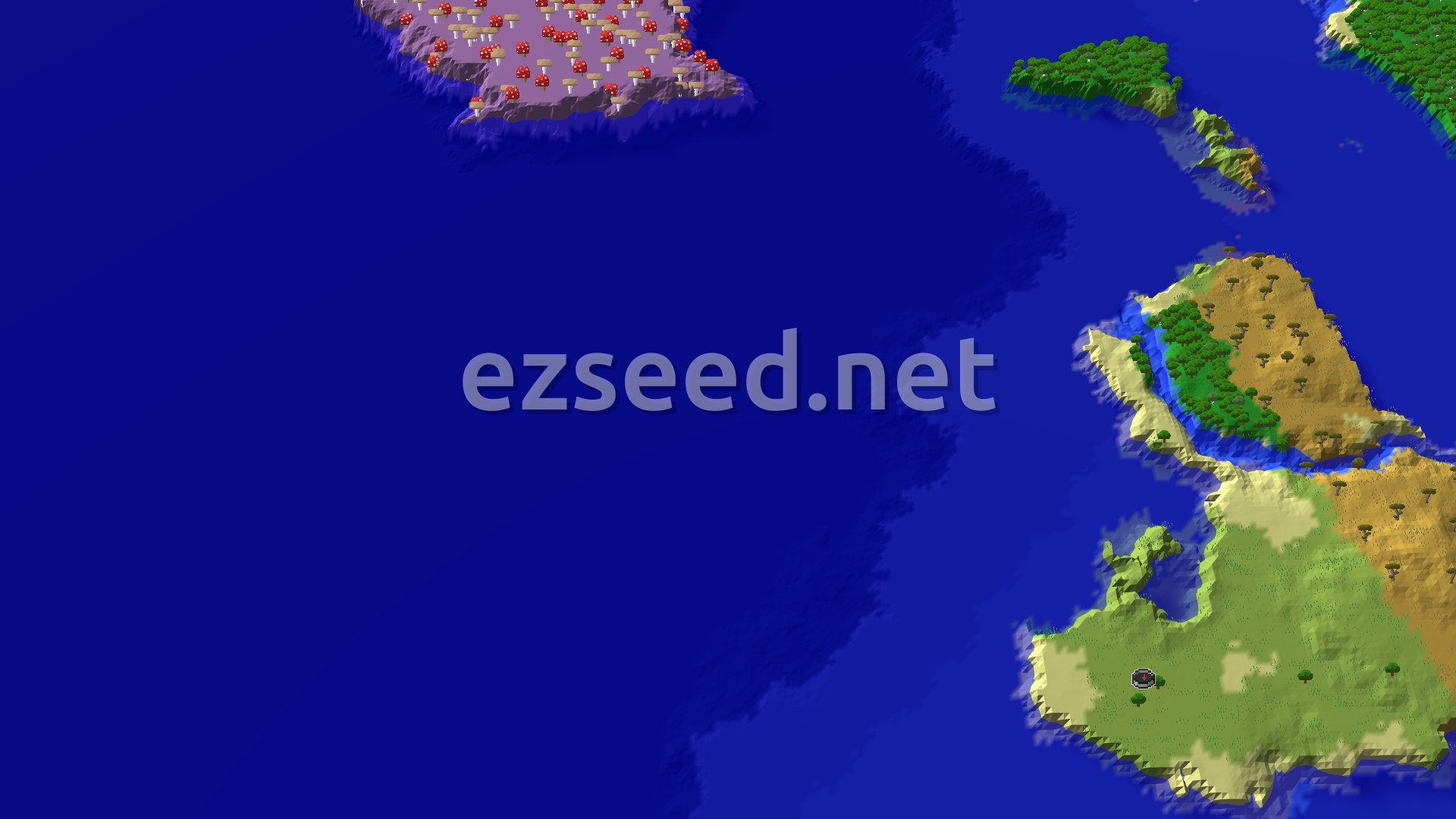 A grassy peninsula with a spawn marker on pale plains, savanna and forest to the north and east, deep blue ocean to the west and a mushroom island at the top left.