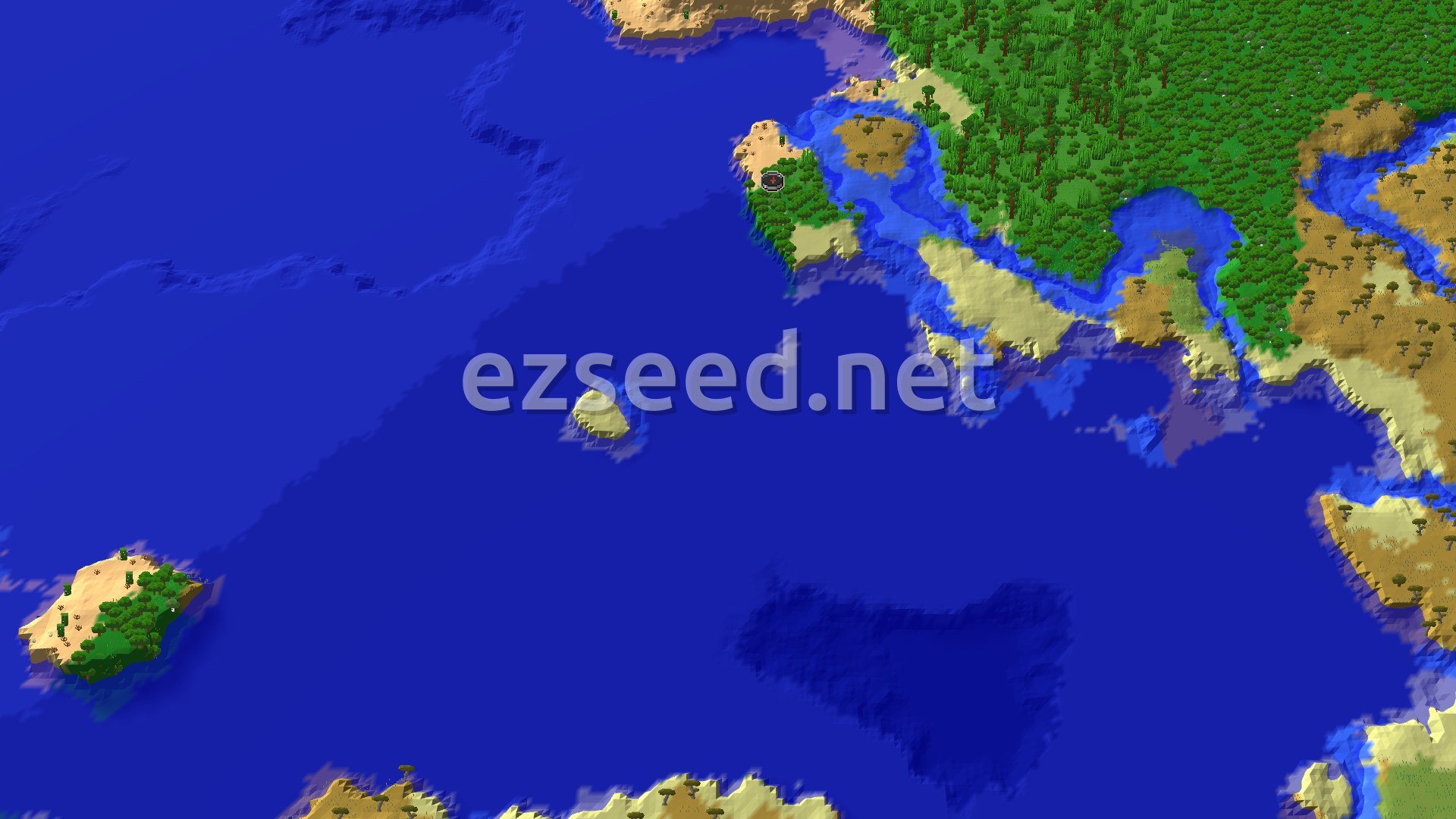 A small island with a green forest patch and sandy shores sits in deep blue ocean, with a dense jungle coastline and desert hills beyond a channel.