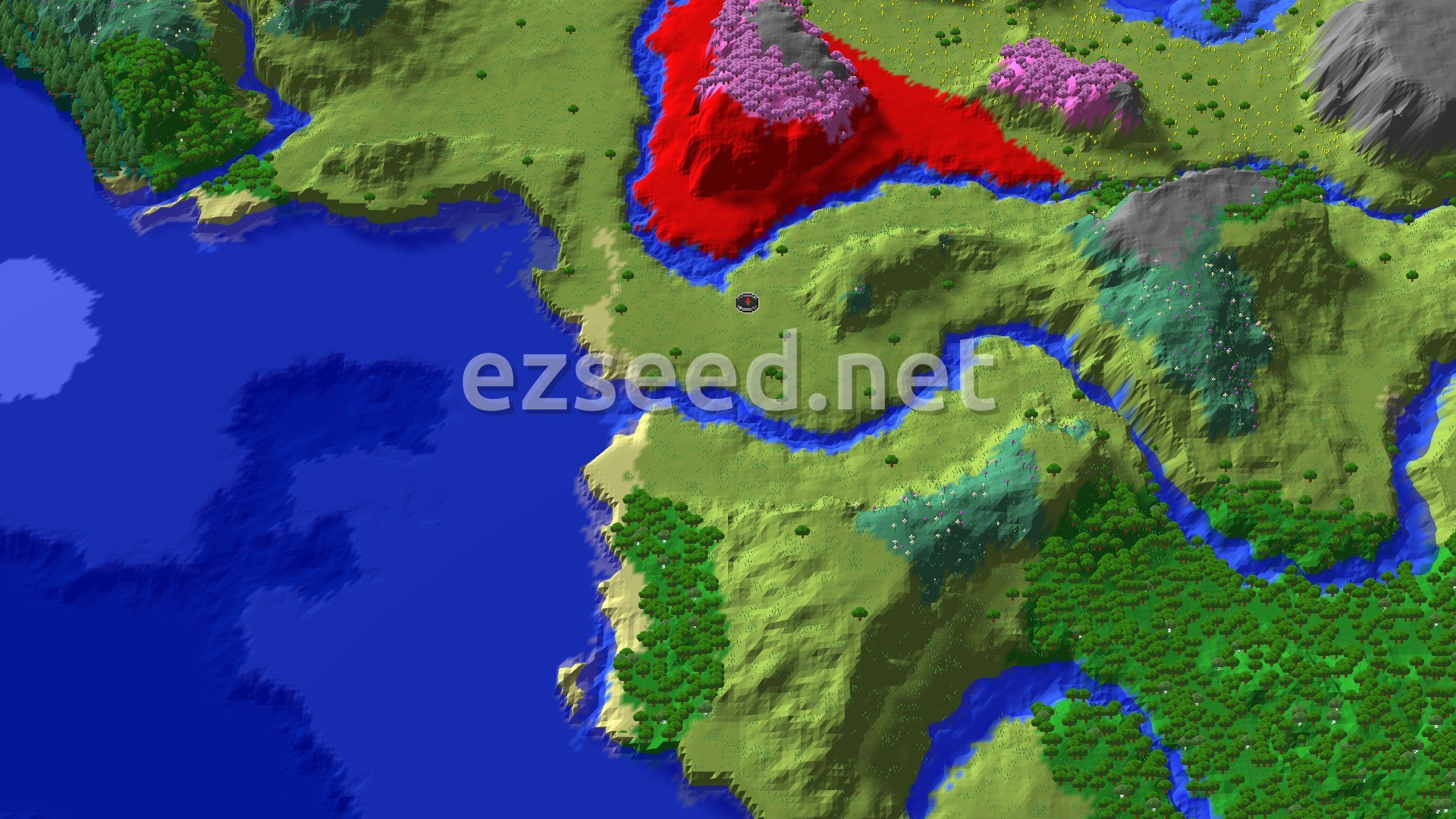 A bird's-eye view of a varied landscape, featuring a large body of water to the left, green plains and forests, and a prominent red mountain with pink-leafed trees.