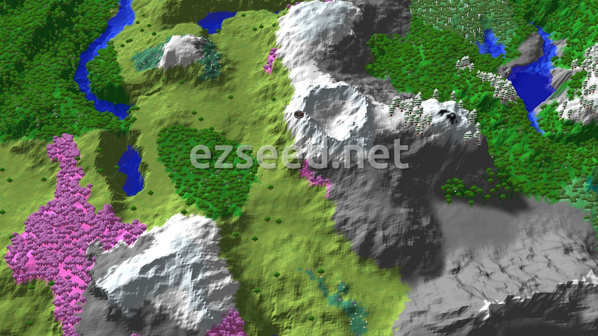 A bird's-eye view of a snowy mountain range with a valley of green trees and a striking pink cherry grove. A blue river winds through the landscape.