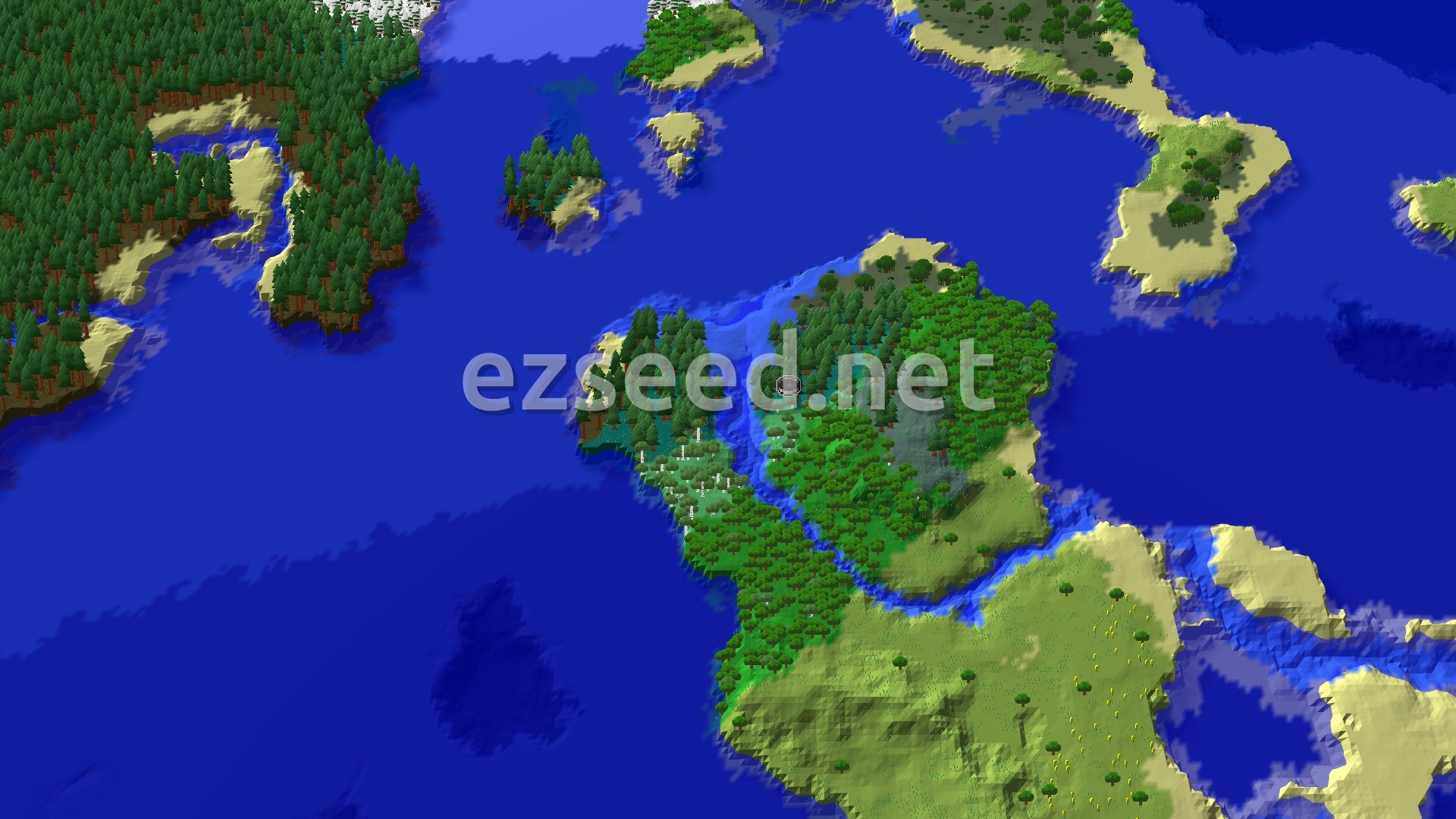 A forested island of taiga, birch and oak woodland sits in a wide blue sea, with sandy shores, a hilly meadow to the south and pine-covered land across the water.