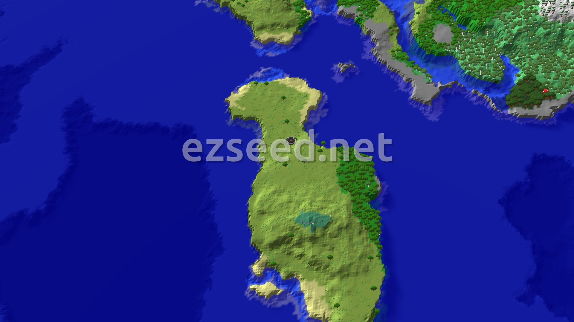 An aerial view of a large, green survival island surrounded by blue ocean, with trees scattered across its surface and a small marker near the top.