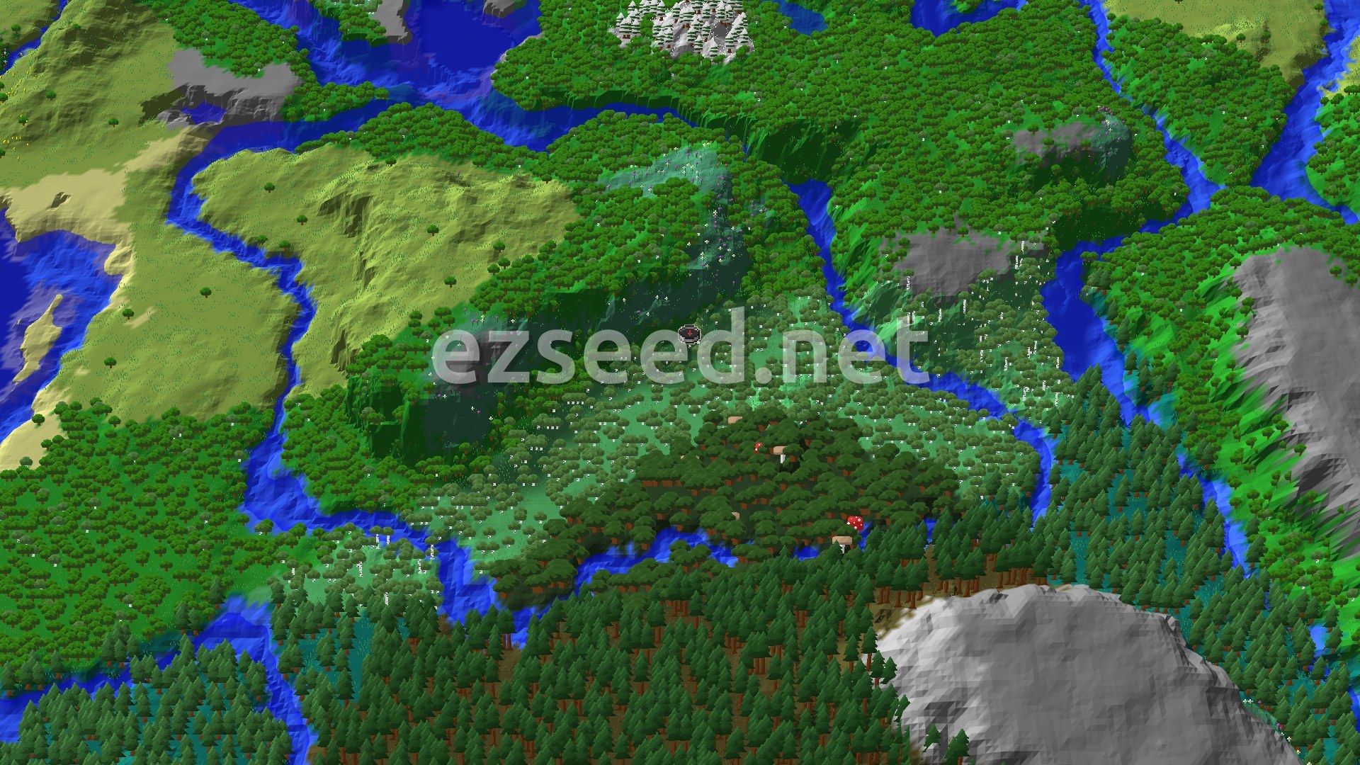 A bird's-eye view shows a lush green valley with a small spawn marker in the center, surrounded by higher, tree-covered terrain and a winding river.