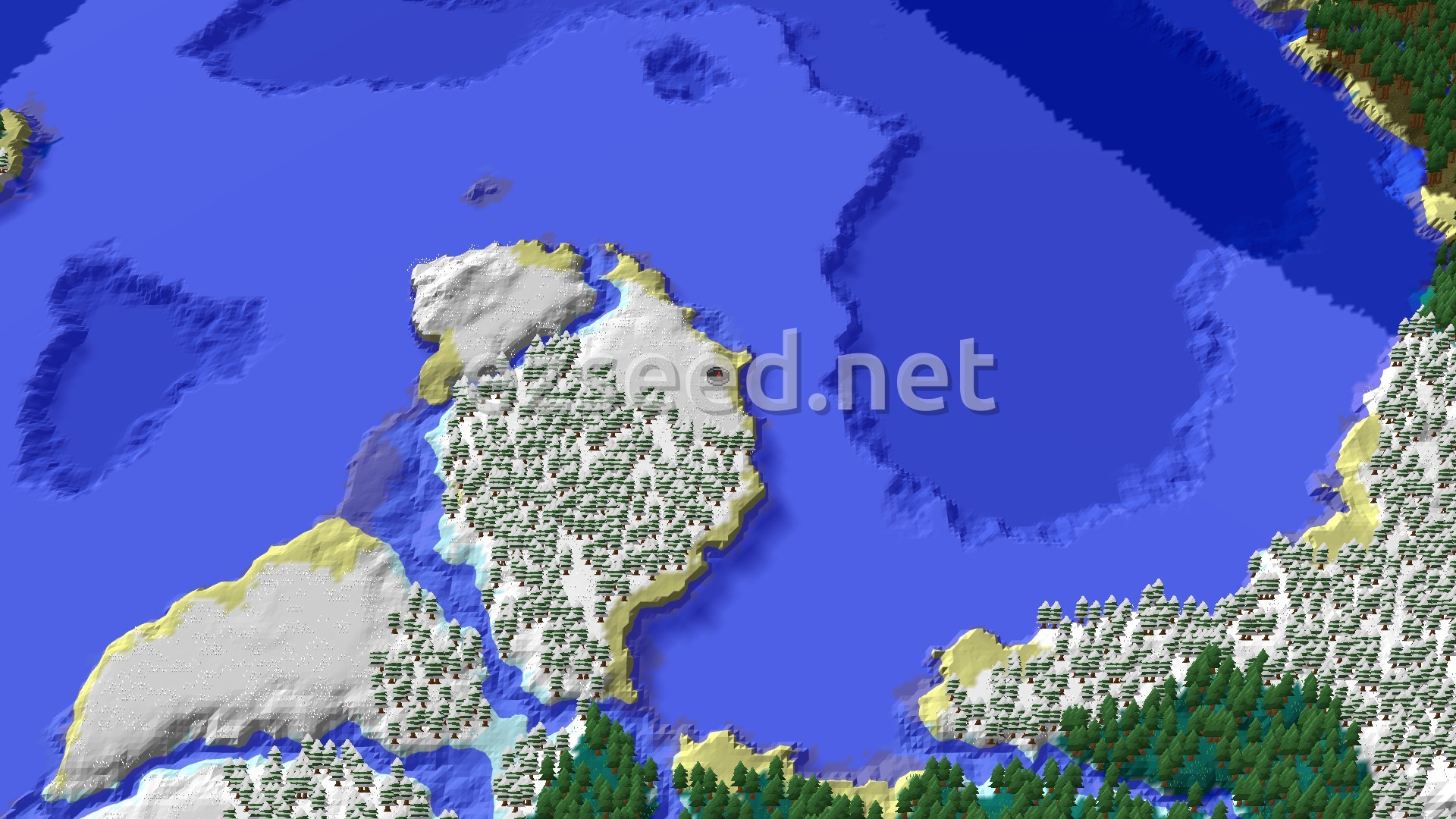 An aerial view of a large snowy island covered in spruce trees, surrounded by frozen ocean and smaller ice floes. Sandy beaches line parts of the coast.