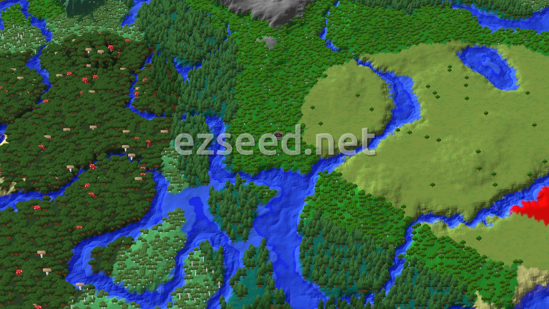 A bird's-eye view of a varied landscape featuring dense green forests, winding blue rivers, patches of lighter green plains, and some darker forest areas, with a small red spawn marker in the center.