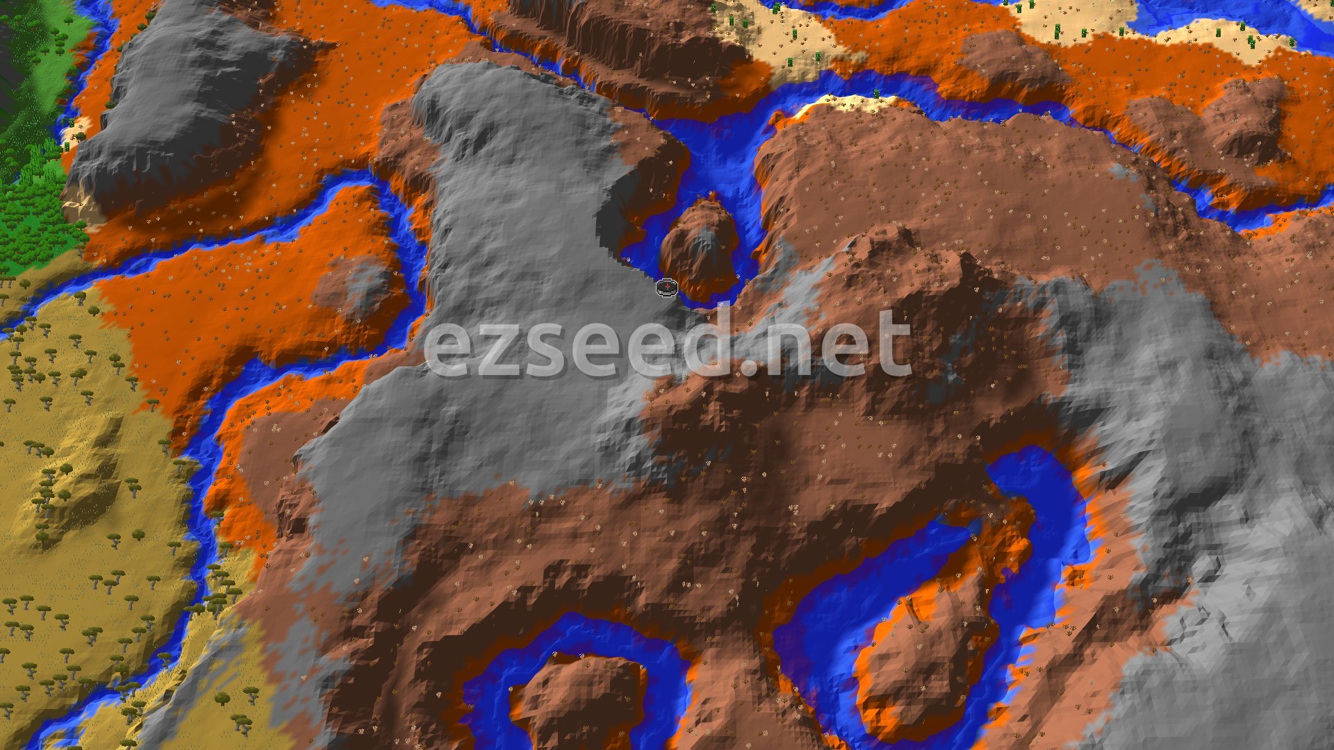 Terraced orange and brown badlands cut by blue river channels, with savanna and a patch of forest at the edges.