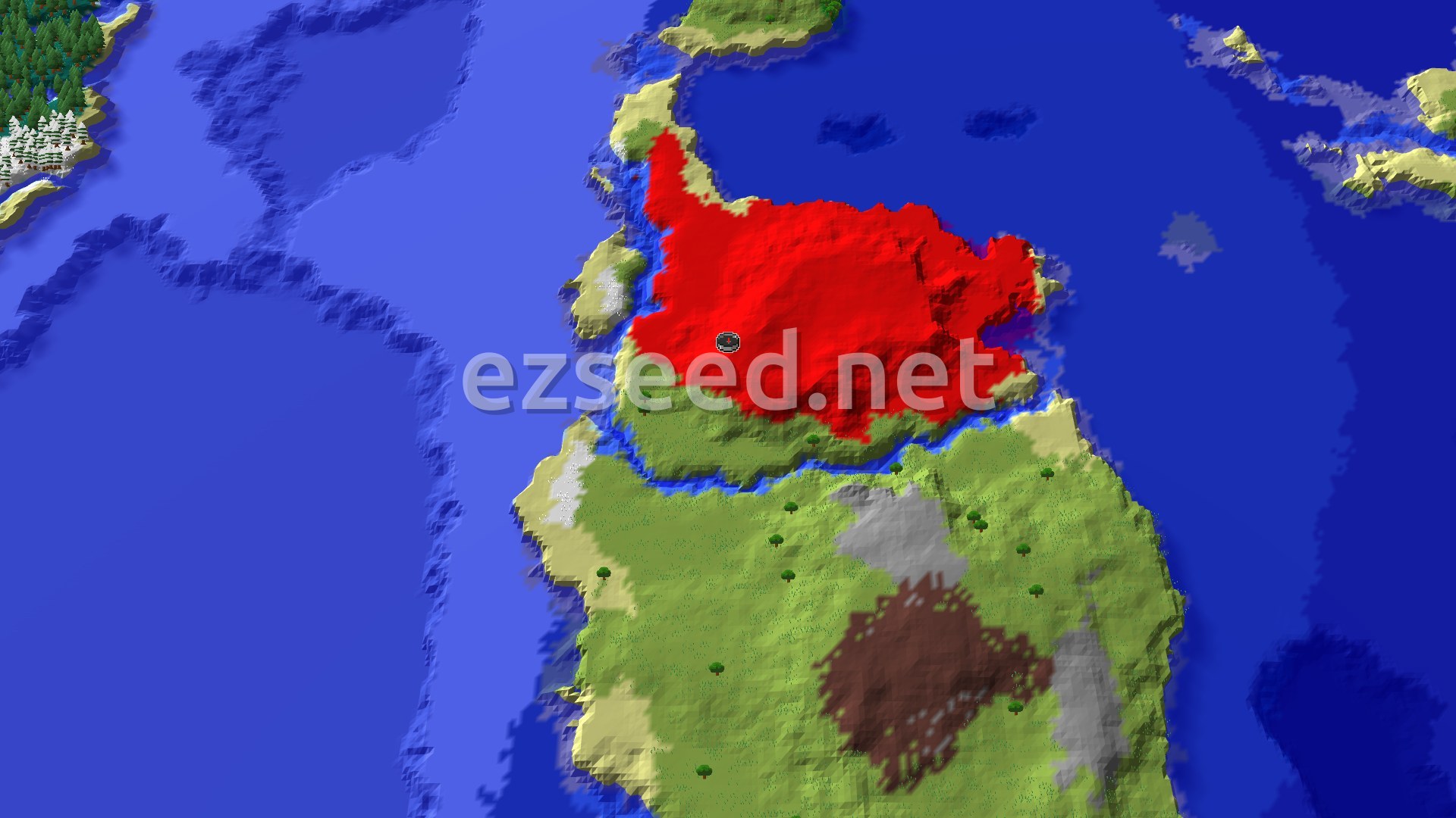 A 3D overhead view of a large, green Dappled Forest island with some snowy patches, surrounded by blue ocean water, with a small spawn marker at its center.