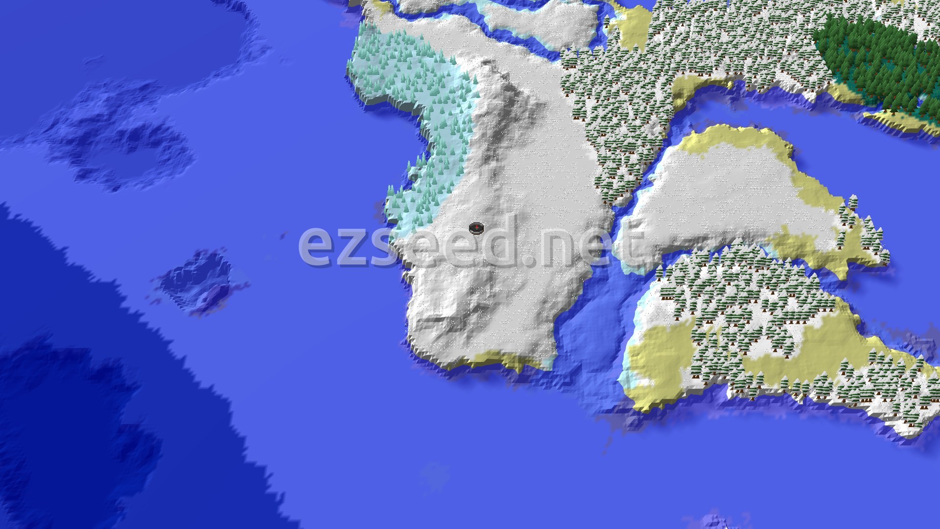 A white snow-covered headland with a frosted conifer slope on its west edge, surrounded by open blue ocean and snowy taiga islands to the east.