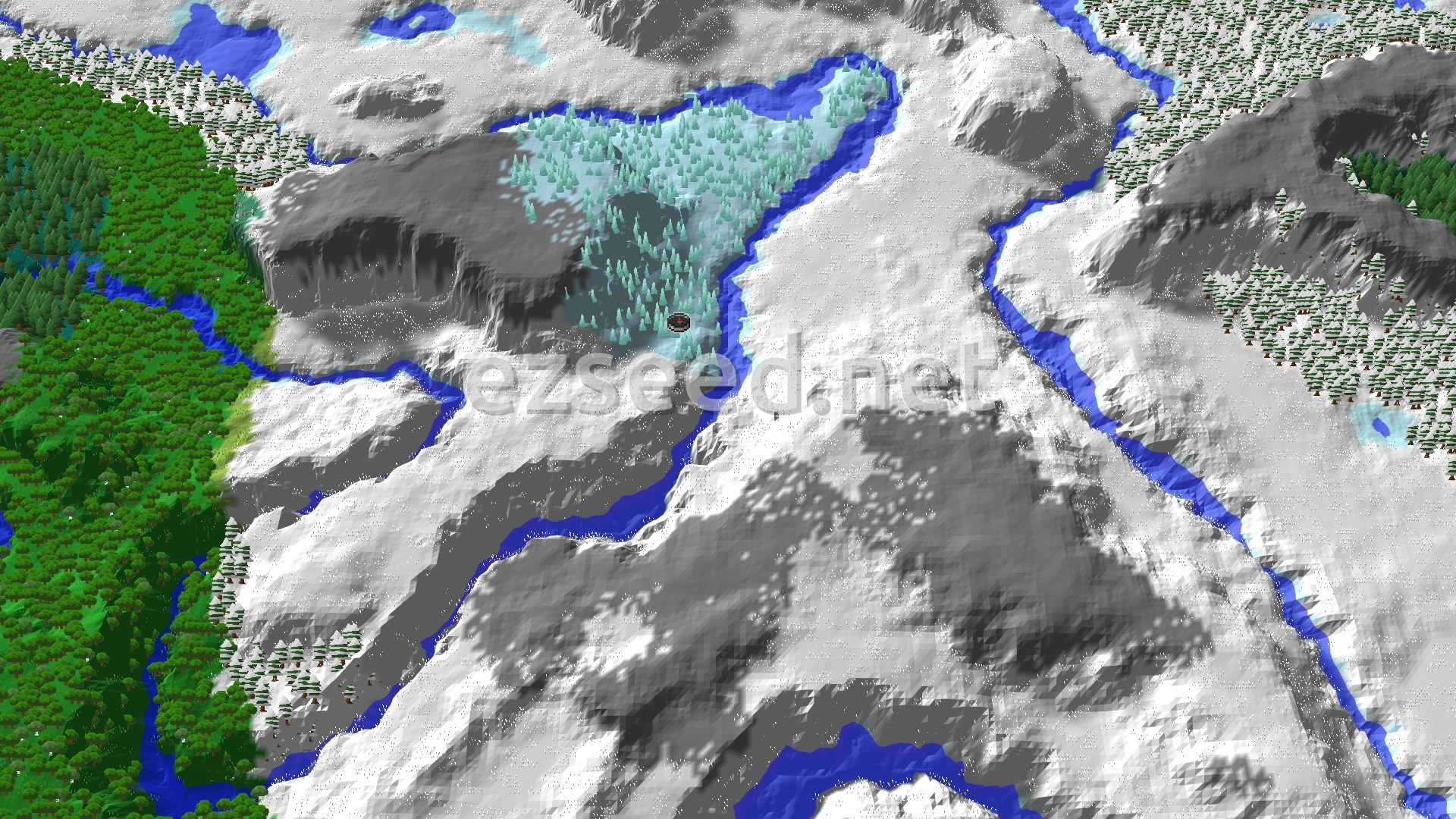 A patch of pale blue ice spikes sits in a snowy valley, ringed by frozen rivers, with green forest along the western edge.