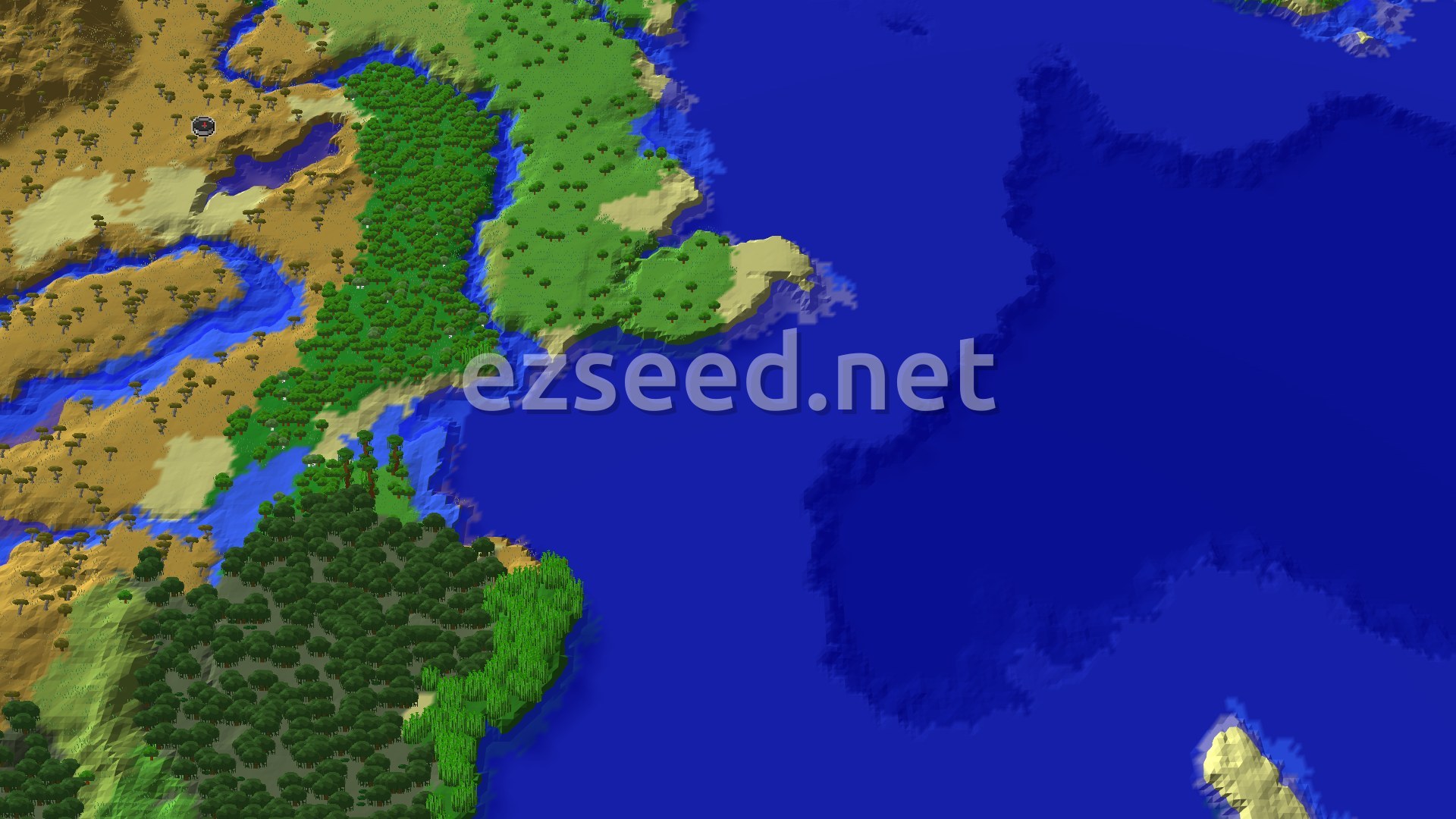 An aerial view showing a savanna biome with scattered acacia trees and a winding river, transitioning into a dense green forest and ocean.