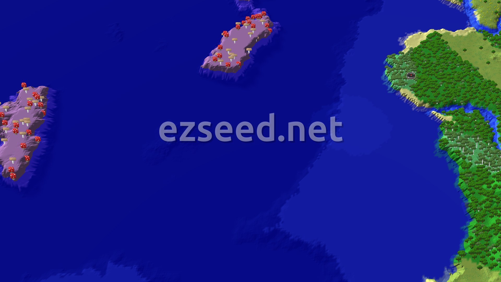 A birch and green forest coast on the right edge with a sandy beach, facing a wide dark-blue ocean dotted with purple-grey mushroom islands covered in red and brown giant mushrooms.