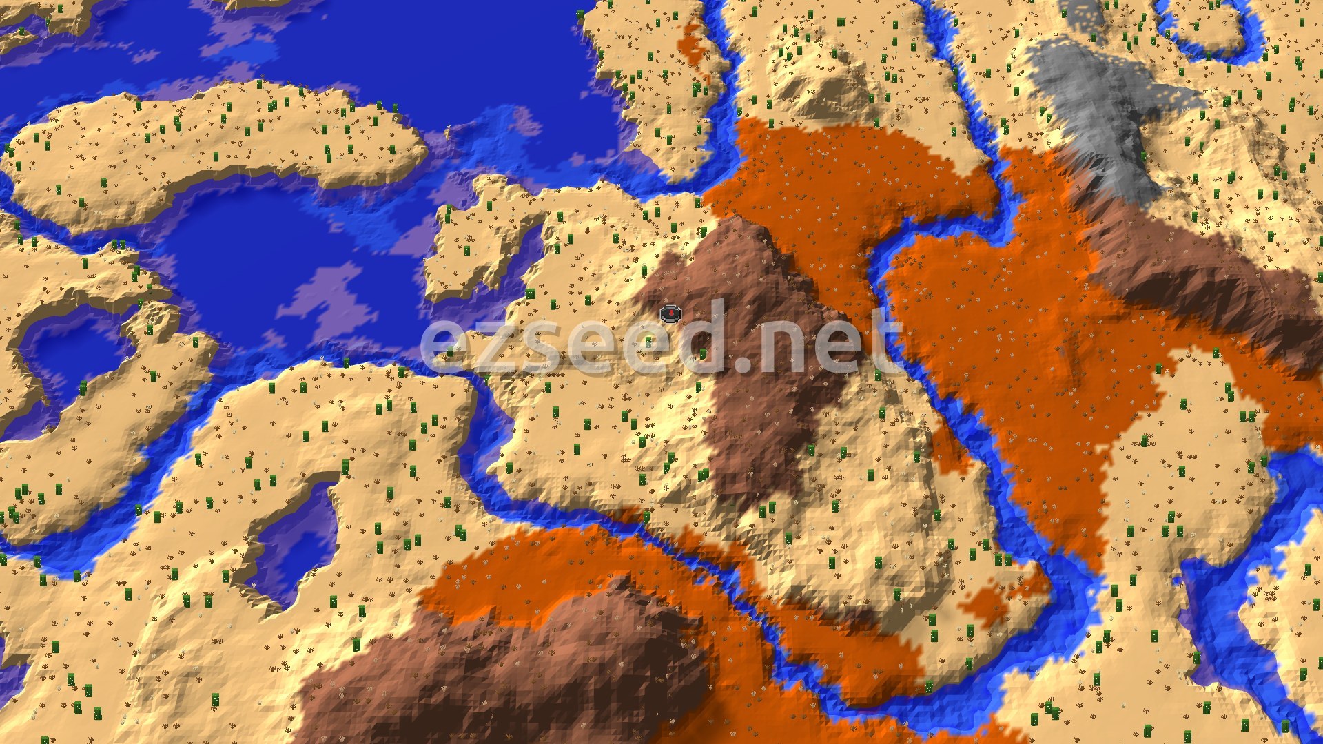 Aerial Minecraft seed map — Eroded Badlands and Desert Village on a Lake Shore