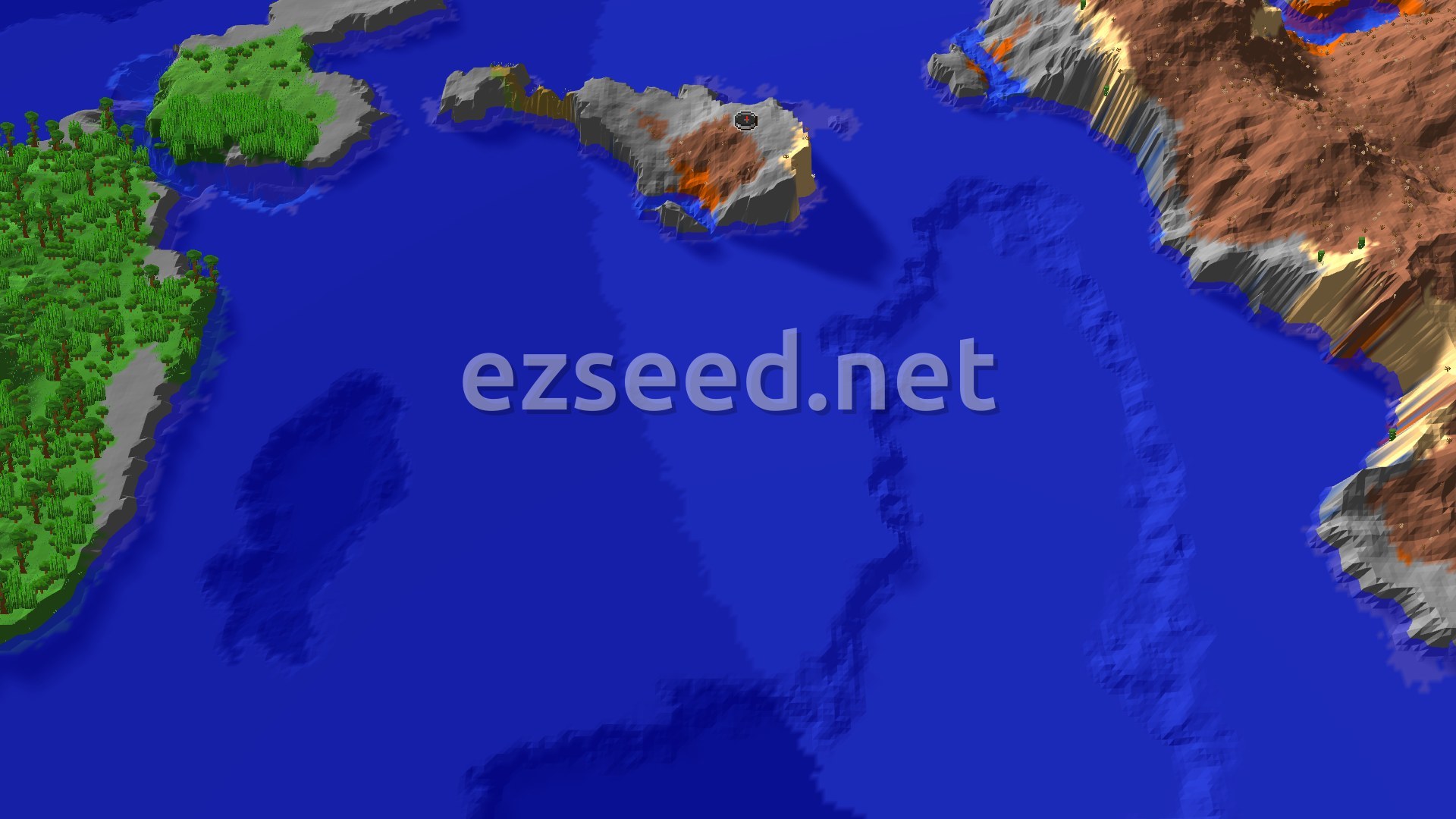 A 3D fly-over view of the spawn island, showing the red and grey textures of Eroded Badlands, surrounded by blue ocean. A marker indicates the spawn point on the island.