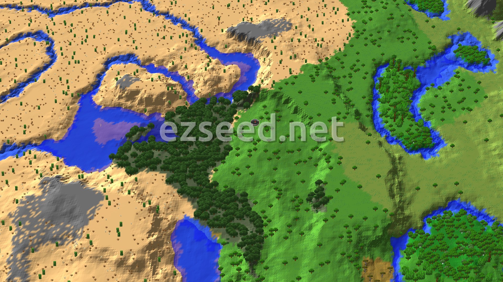 A fly-over of a dense dark-green jungle patch on the edge of a wide desert, with winding rivers, blue pools and open green grassland to the east.