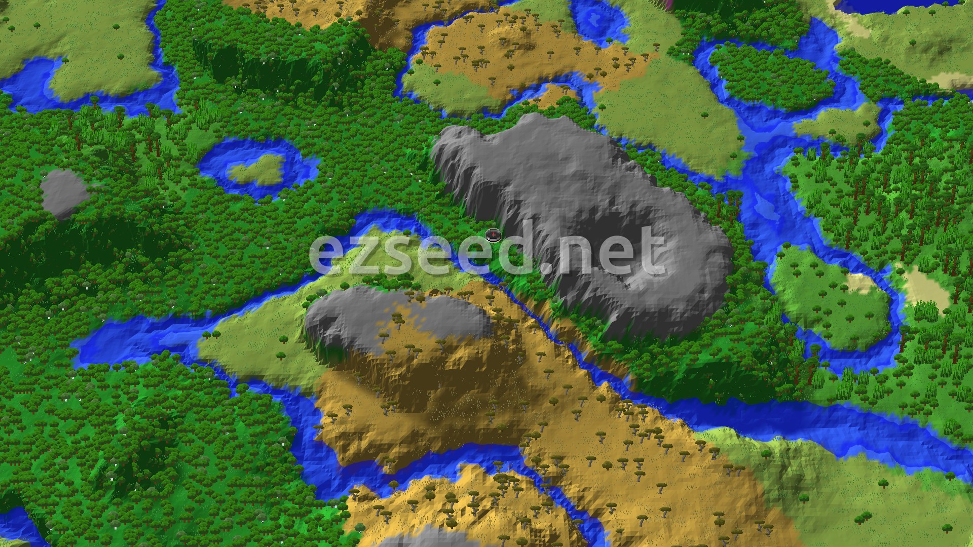 A fly-over of dense forest broken by winding rivers, with a bare grey stone ridge beside the spawn marker and tan savanna ground to the south.
