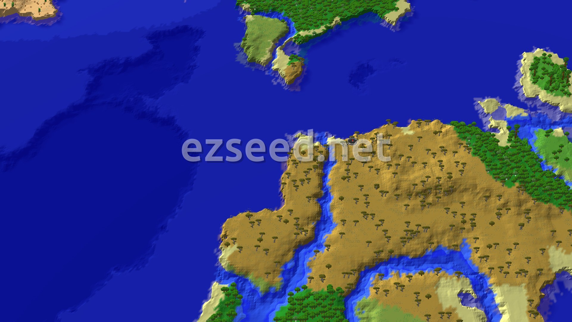 Aerial view of a tan savanna coast dotted with flat-topped acacia trees, a narrow river inlet, and a green forest edge, all ringed by deep blue ocean.