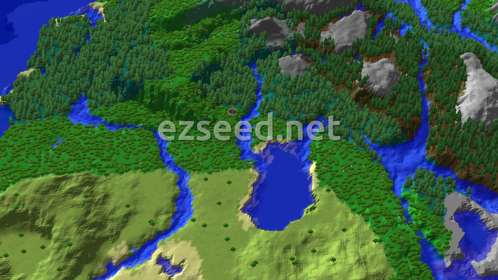 A forested basin of oak and spruce cut by winding rivers, with a blue lake to the south, grassy hills below it and grey rocky slopes rising to the northeast.