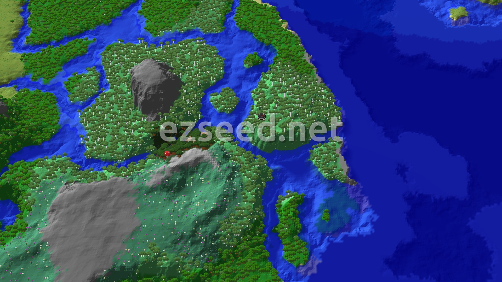 A 3D fly-over of a dense green birch and oak forest island ringed by blue water, with grey rock outcrops, a meadow slope in the foreground and deep ocean to the east.