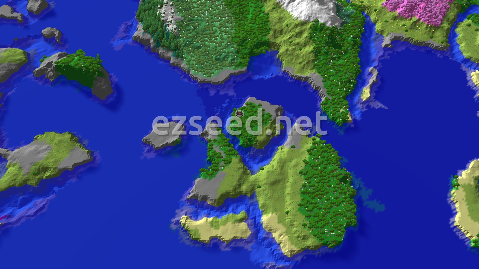A fly-over of a small forested island with grey stone shores, surrounded by deep blue ocean, with larger green and pink-blossomed landmasses to the north and east.