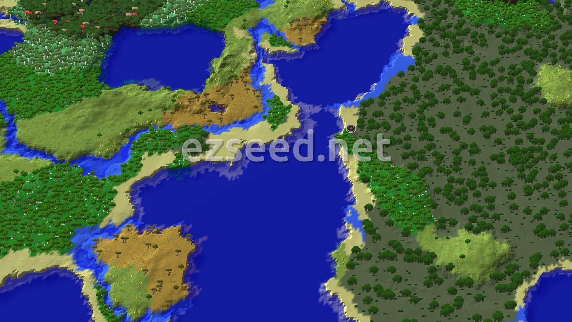A strip of flowering forest and sand along the edge of a wide blue inlet, with dark swamp trees to the east and savanna and plains across the water.