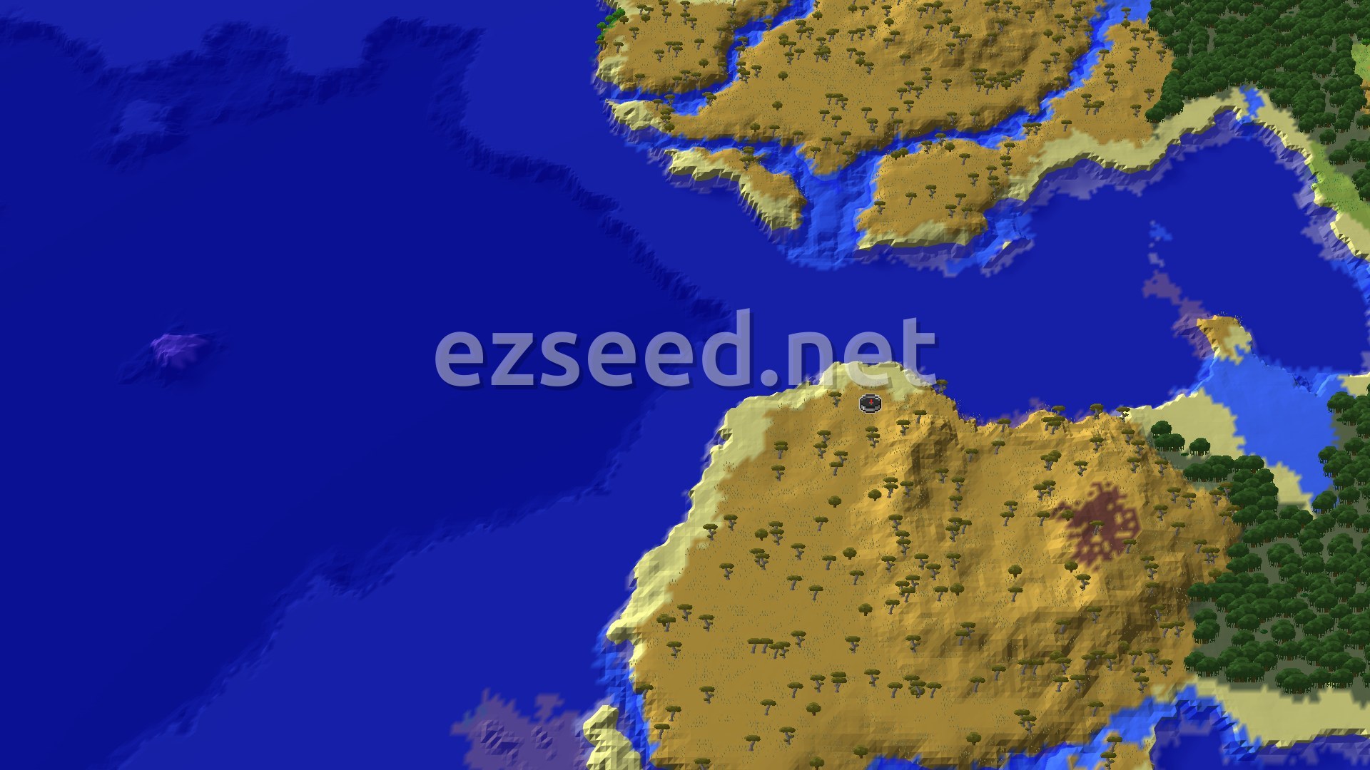 A tan savanna coastline dotted with flat-topped acacia trees, a pale beach strip along the north shore, and deep blue ocean stretching west and north with more savanna land beyond the water.