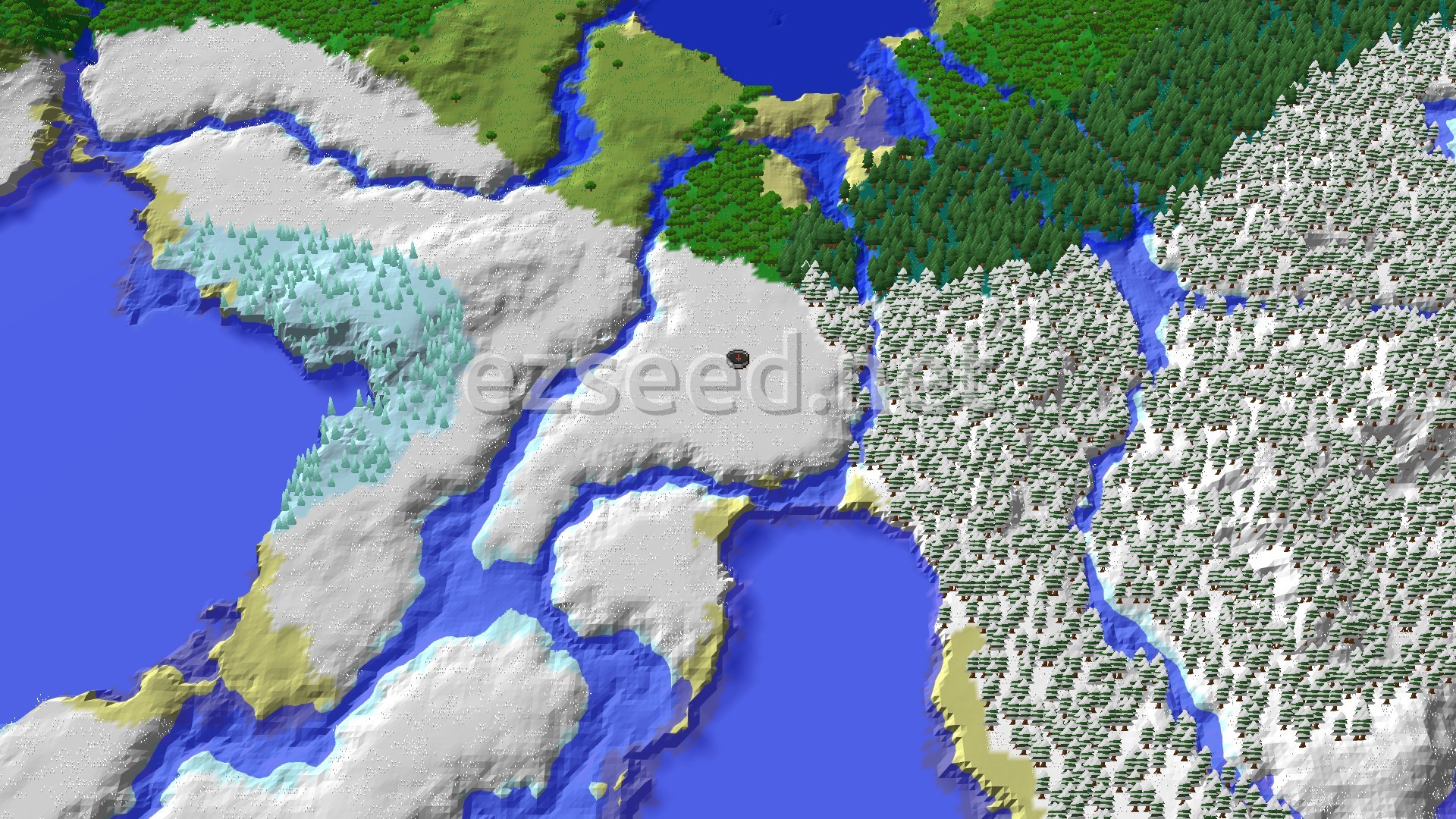 A flat snowy plain cut by frozen rivers, with dense snow-covered spruce forest to the east, green forest to the north and open ocean to the west and south.