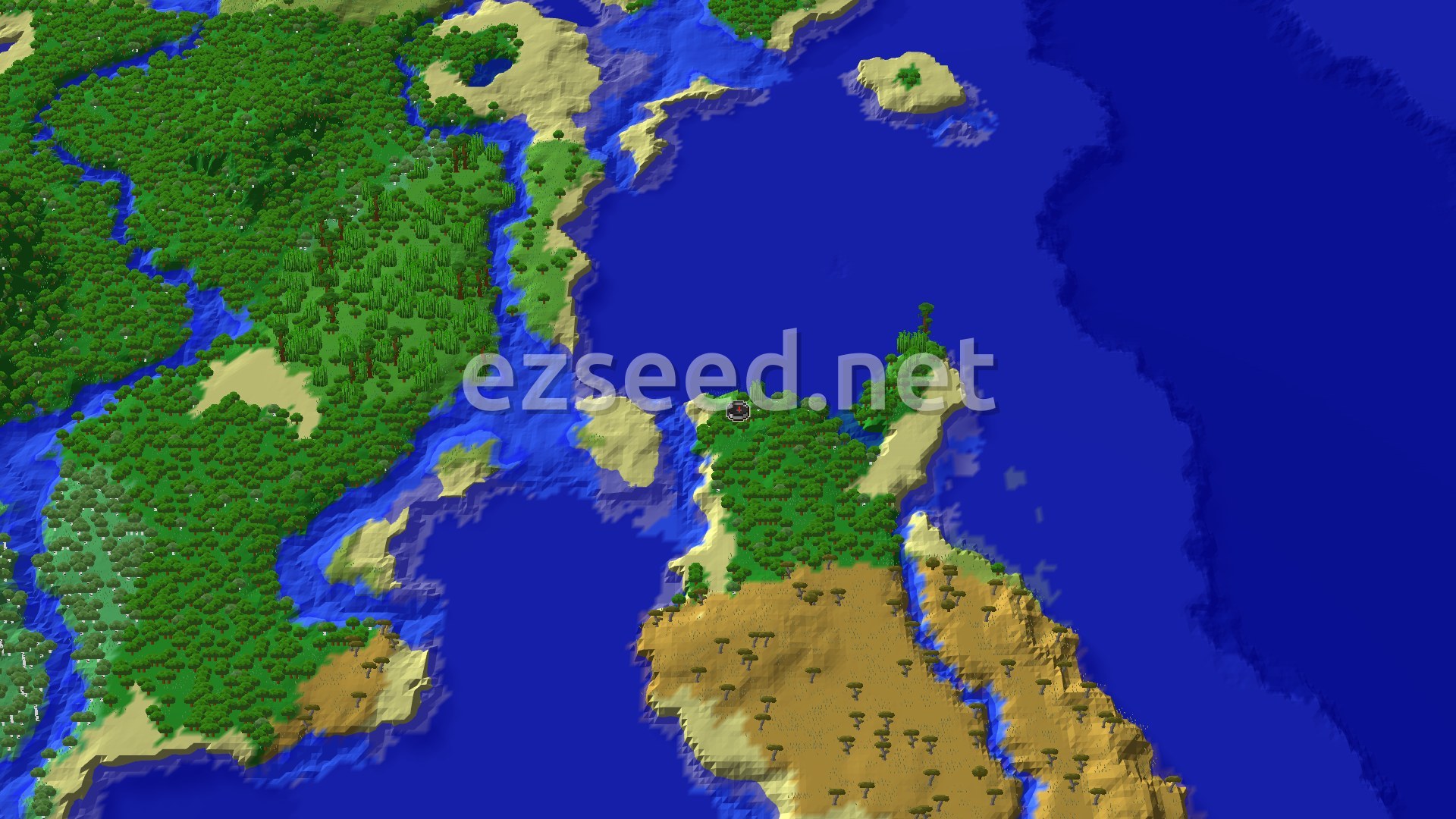 A green forested island with a sandy shoreline and a spawn marker on its northern edge, ringed by blue ocean, with a larger landmass of forest and savanna to the west and south.