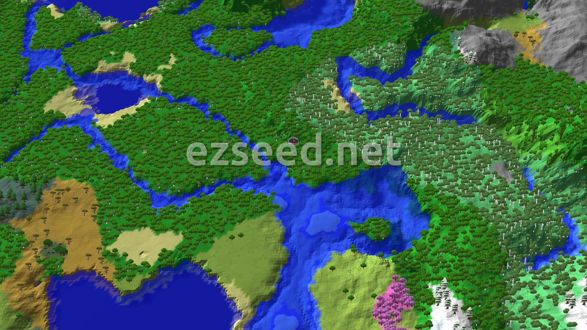 A 3D fly-over of dense green forest cut by blue rivers and a lake, with birch woods to the east, grey peaks in the top corner and a pink cherry grove at the bottom.