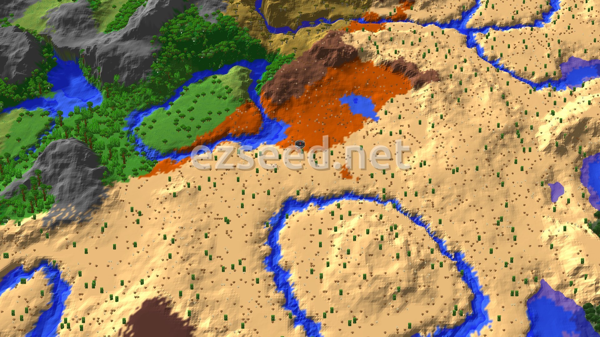 A small orange badlands patch with brown hills sits in a sandy desert, with rivers winding past green forest and grey rock to the west.