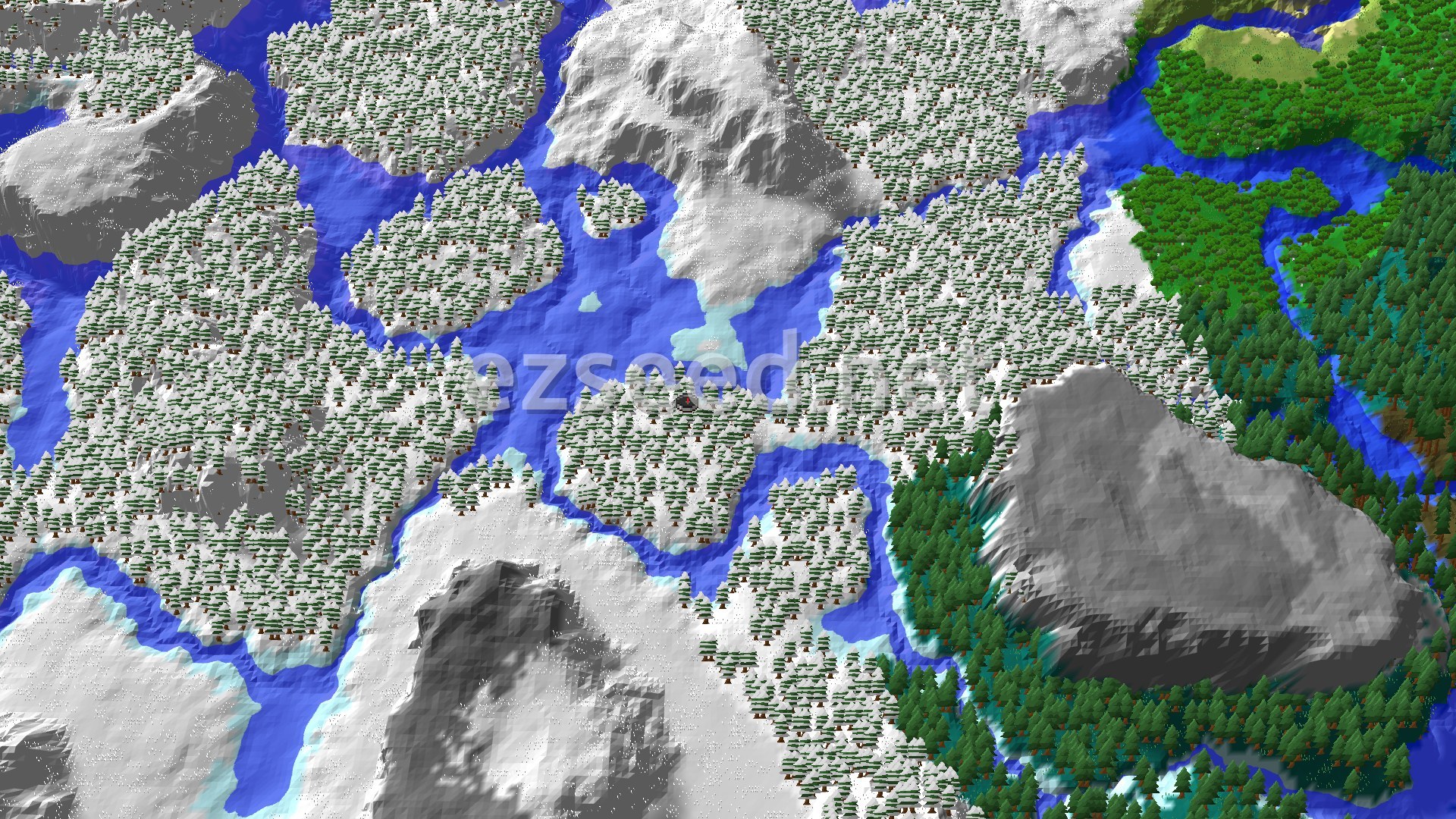 Snow-covered spruce forest threaded by blue frozen rivers, with bare grey hills rising on the left and right and green forest along the far edge.